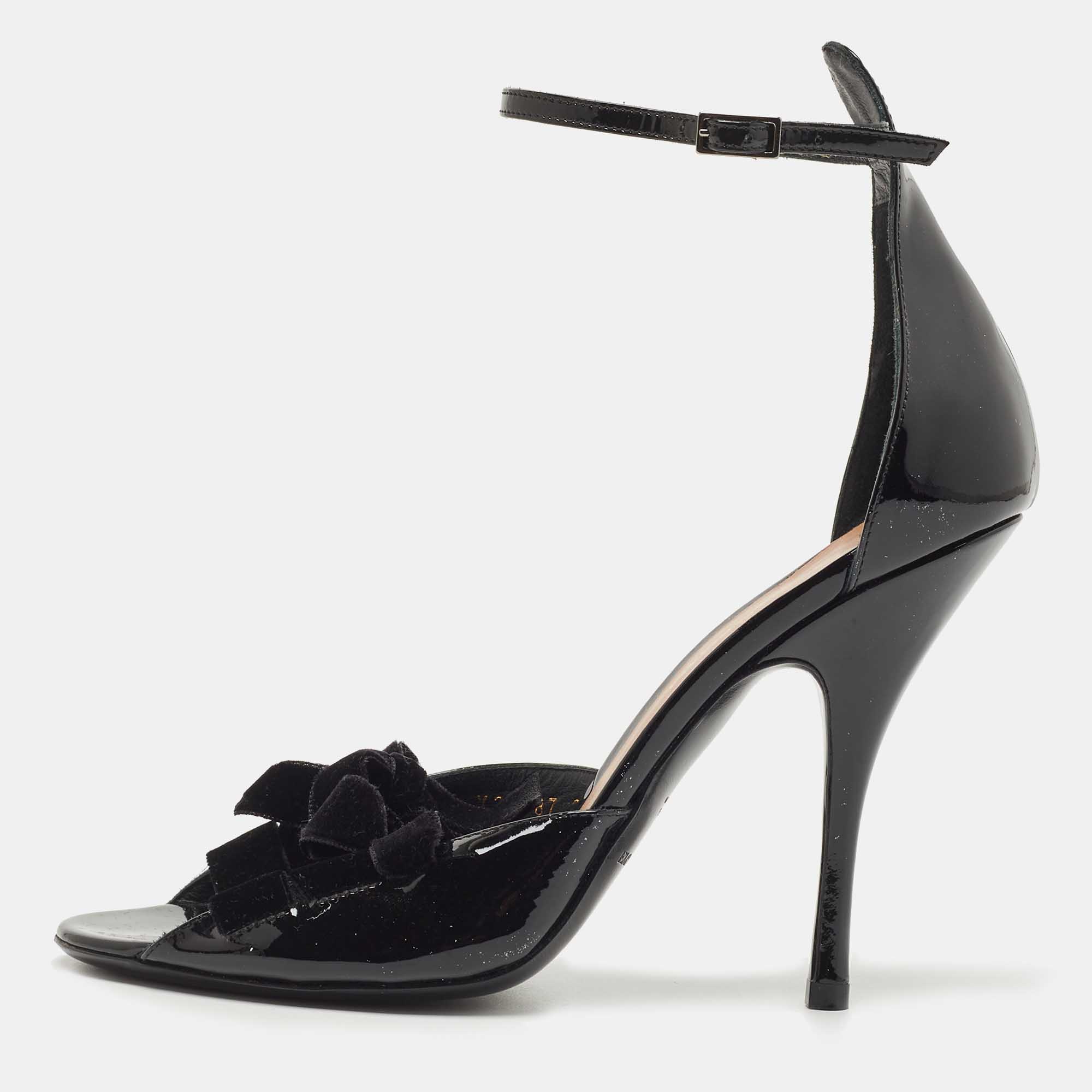 Giorgio Armani Black Velvet and Patent Leather Ankle Strap Sandals Size 39