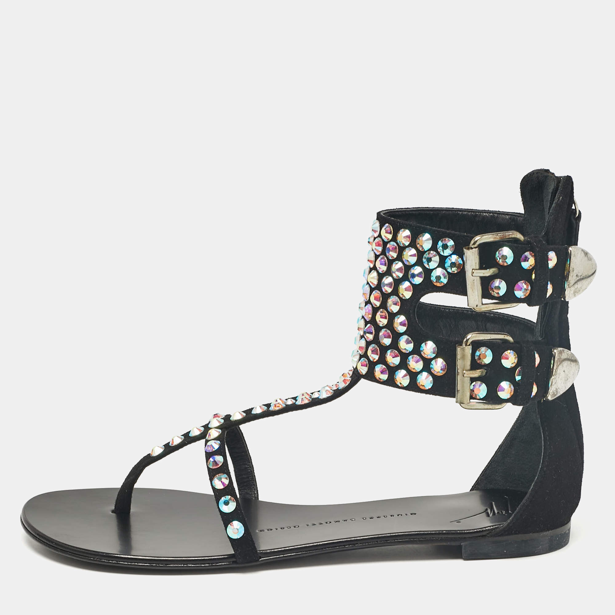 Pre Owned Giuseppe Zanotti Black Suede Crystal Embellished Thong Ankle Cuff Flat Sandals Size 37