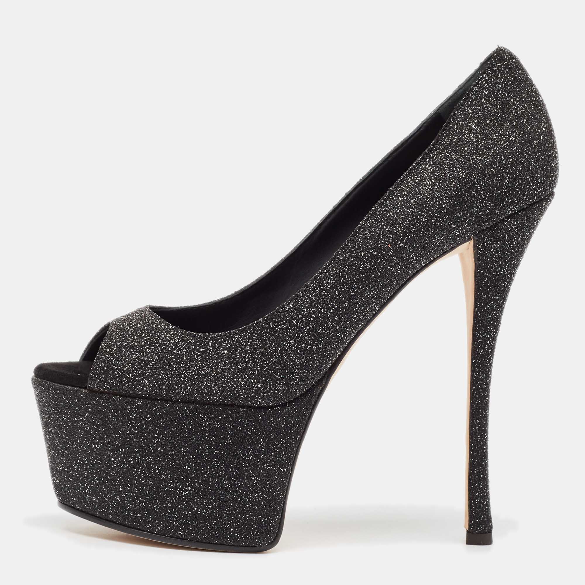 Giuseppe Zanotti Black Glitter Suede Platform Peep Toe Pumps Size 39.5