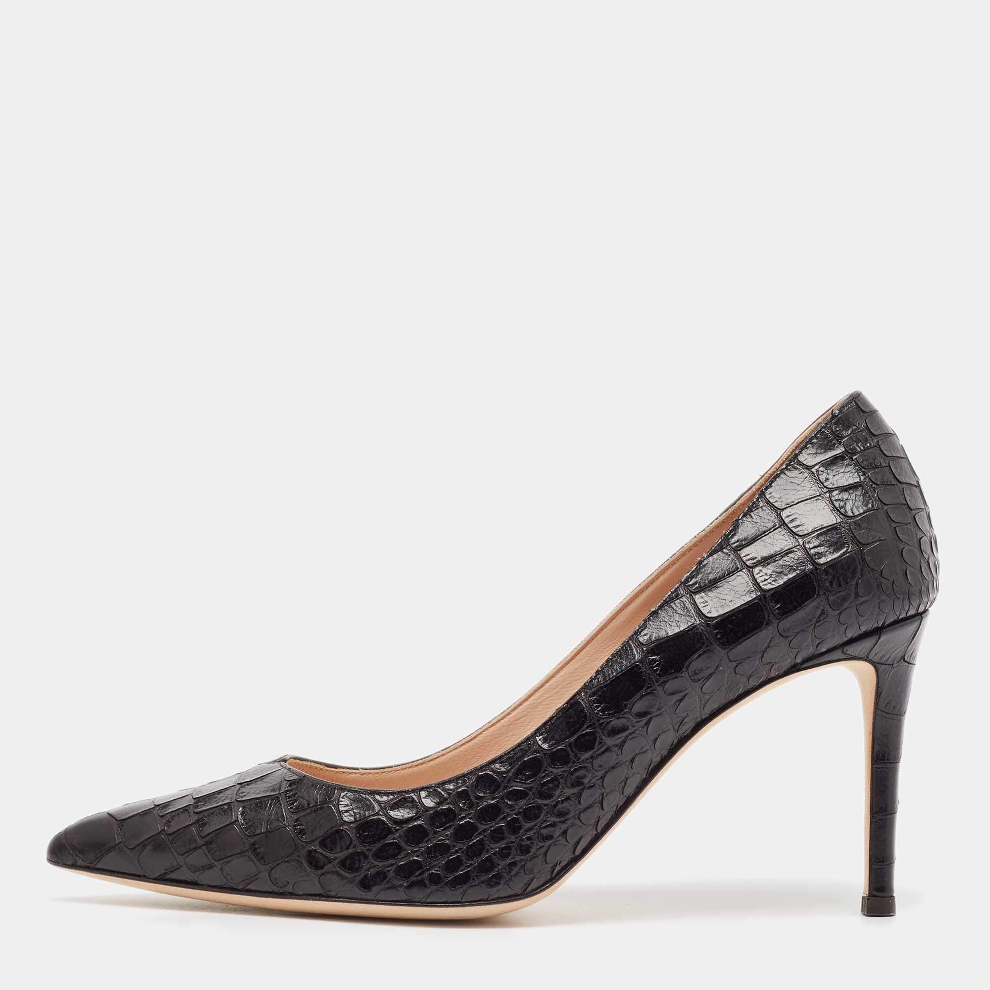 Pre Owned Giuseppe Zanotti Black Croc Embossed Leather Pointed Toe Pumps Size 39