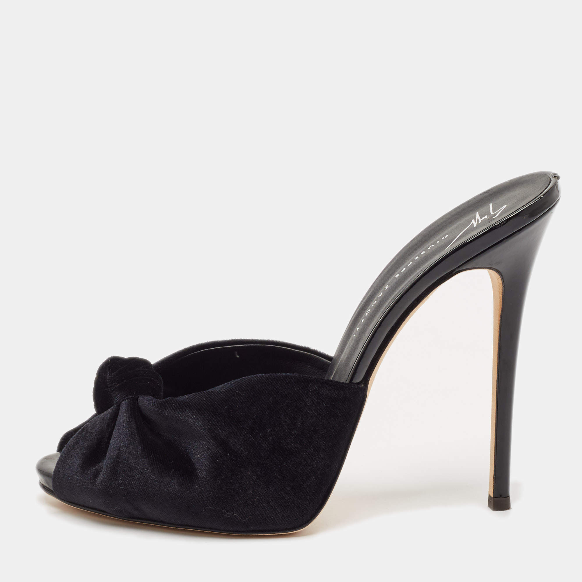 Giuseppe Zanotti Black Velvet Peep Toe Slide Sandals Size 39.5