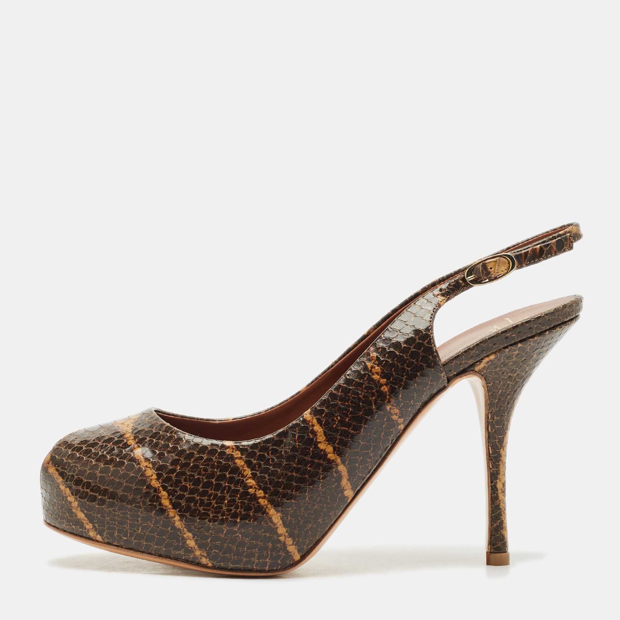 مملوكة مسبقًا Giuseppe Zanotti Brown Python Embossed Leather Platform Sandals Size 41