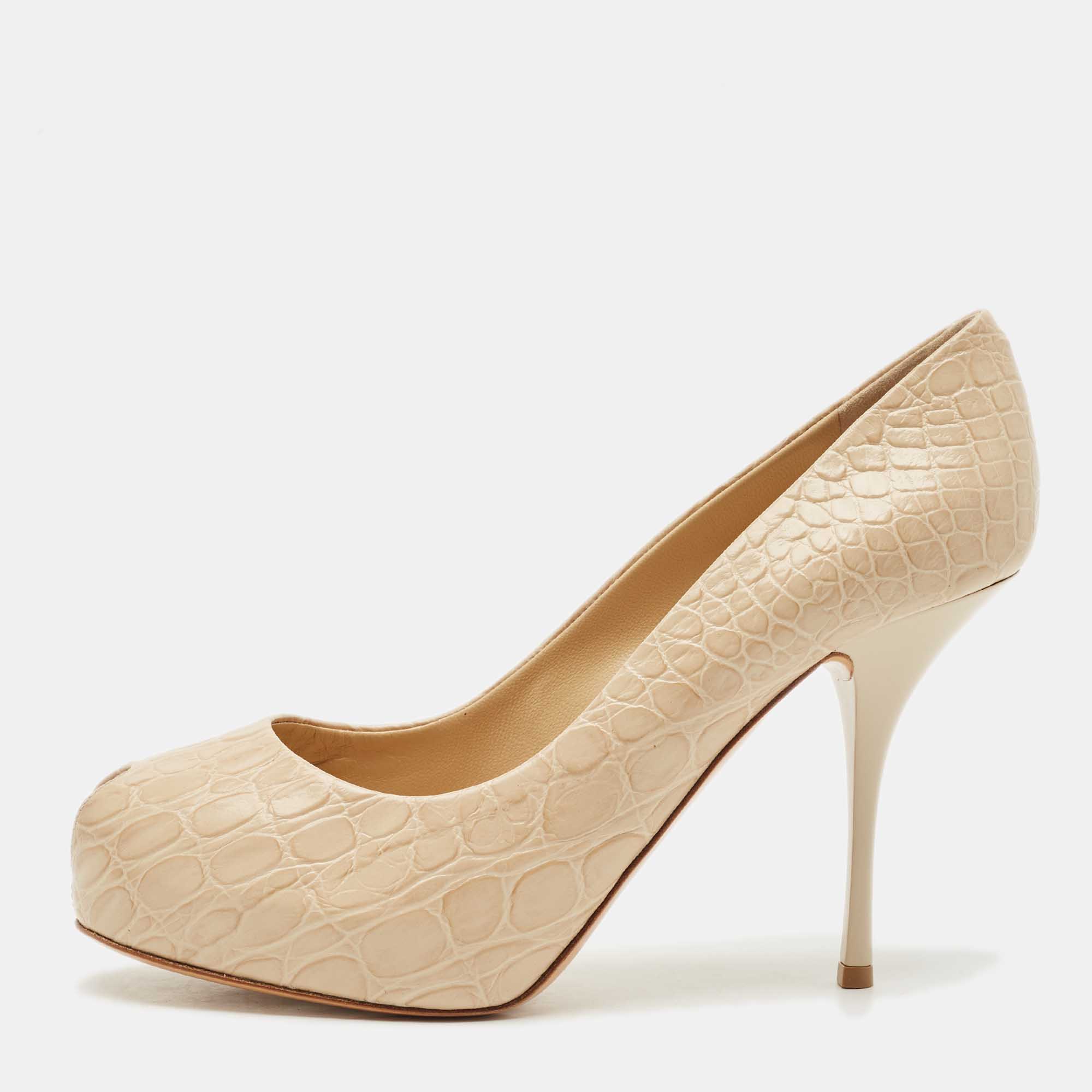 Pre Owned Giuseppe Zanotti Beige  Croc Embossed Leather Sharon Peep Toe Platform Pumps Size 41
