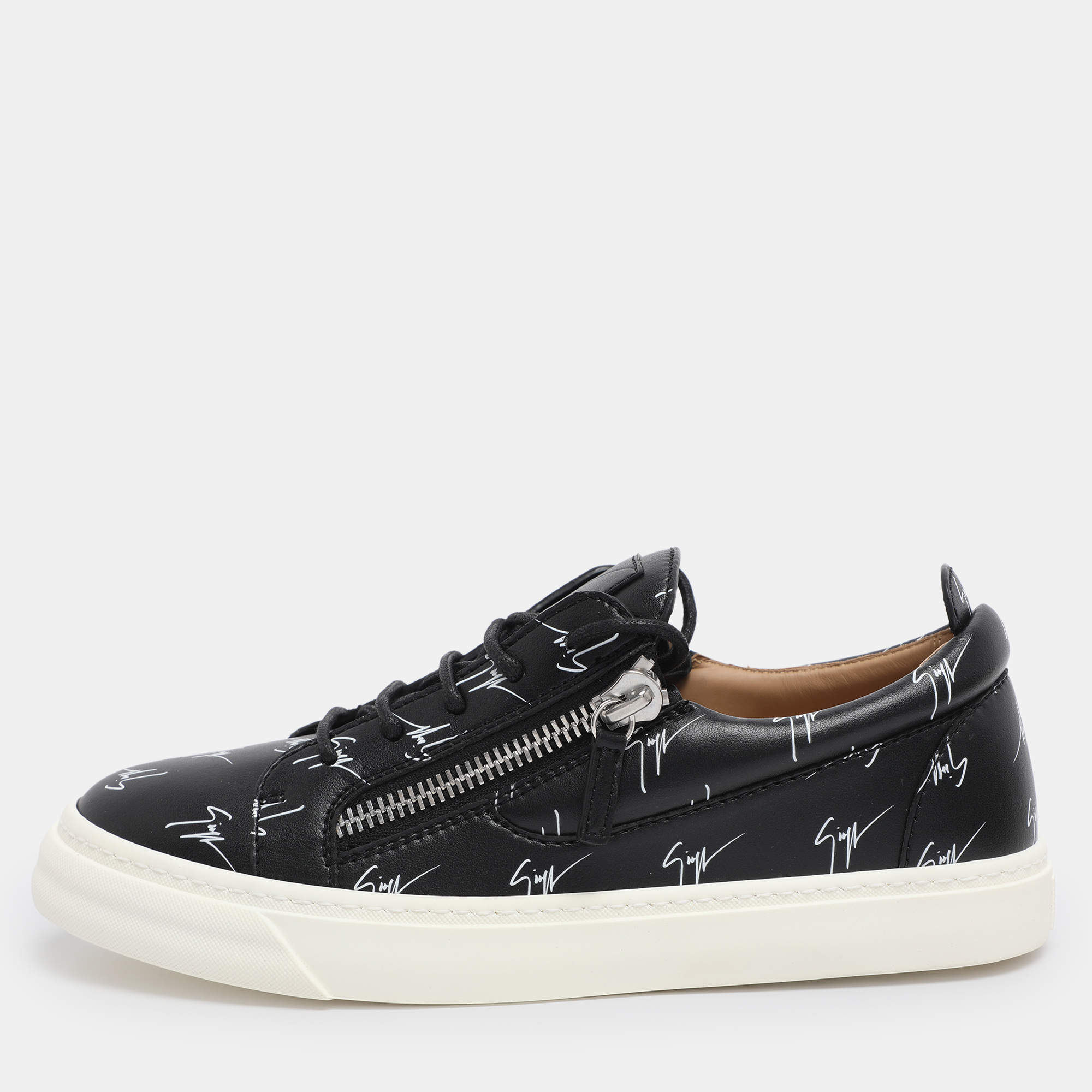 Pre Owned Giuseppe Zanotti Black Logo Print Leather Frankie Low Top Sneakers Size 39