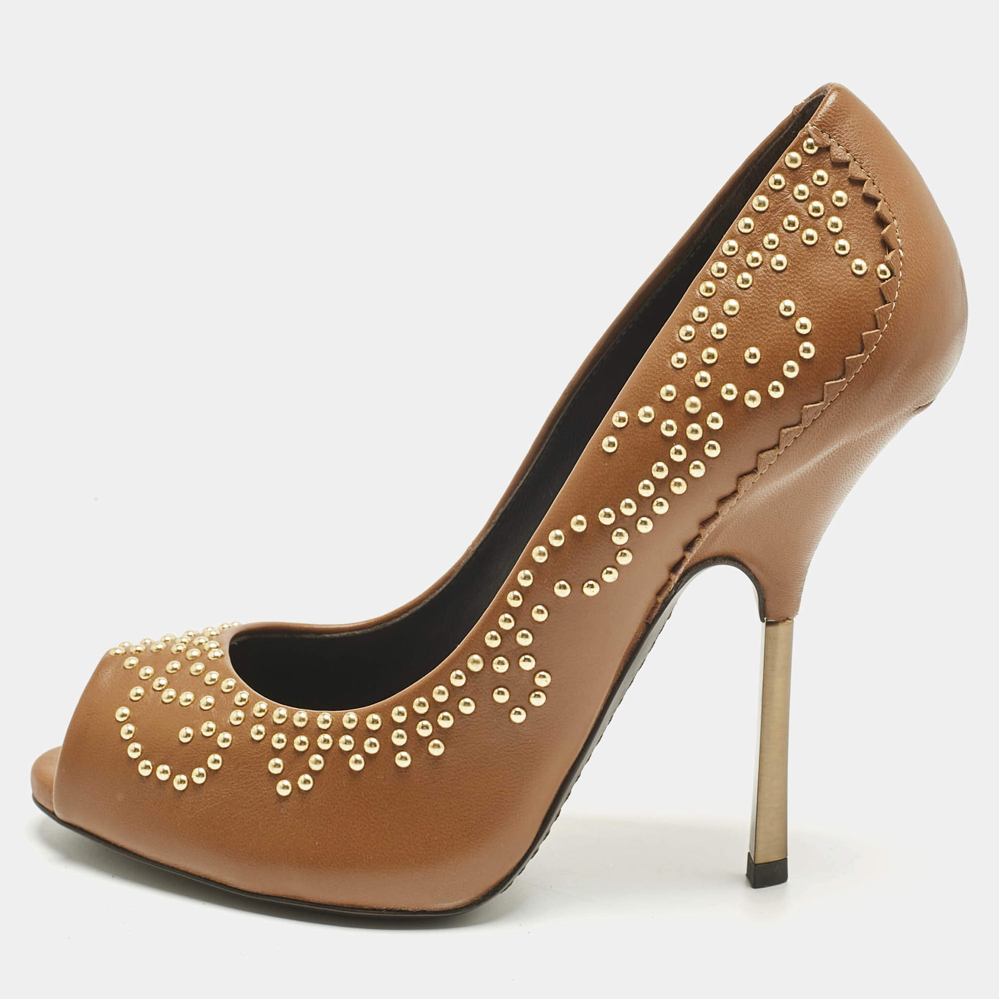 Pre Owned Giuseppe Zanotti Brown Leather Studded Peep Toe Pumps Size 38