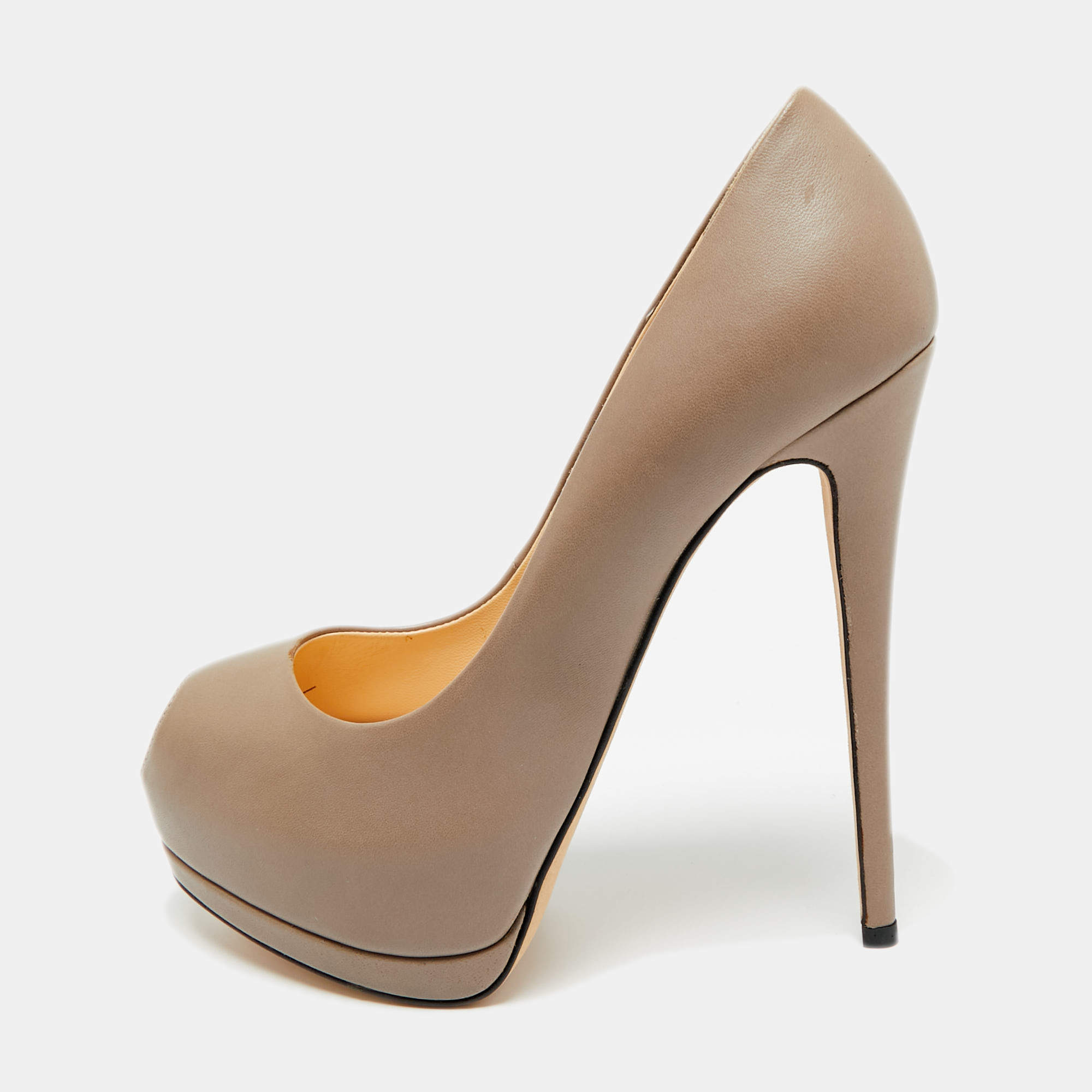 Pre Owned Giuseppe Zanotti Dark Beige Leather Peep Toe Platform Pumps Size 39.5