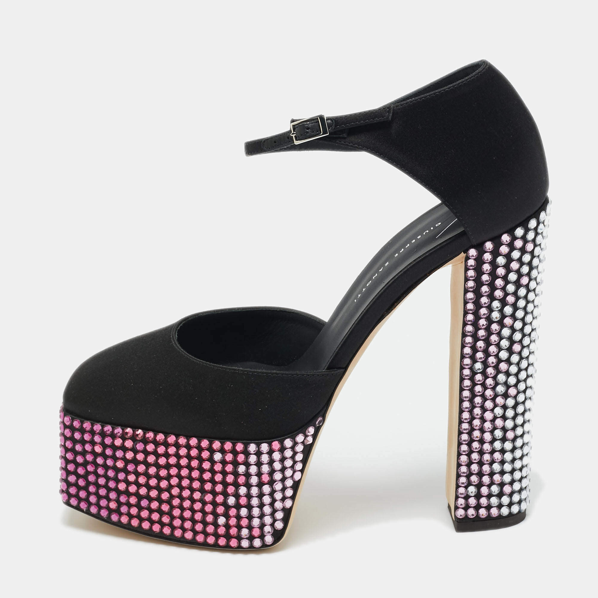 Pre Owned Giuseppe Zanotti Black Satin Crystal Embellished Platform Sandals 40