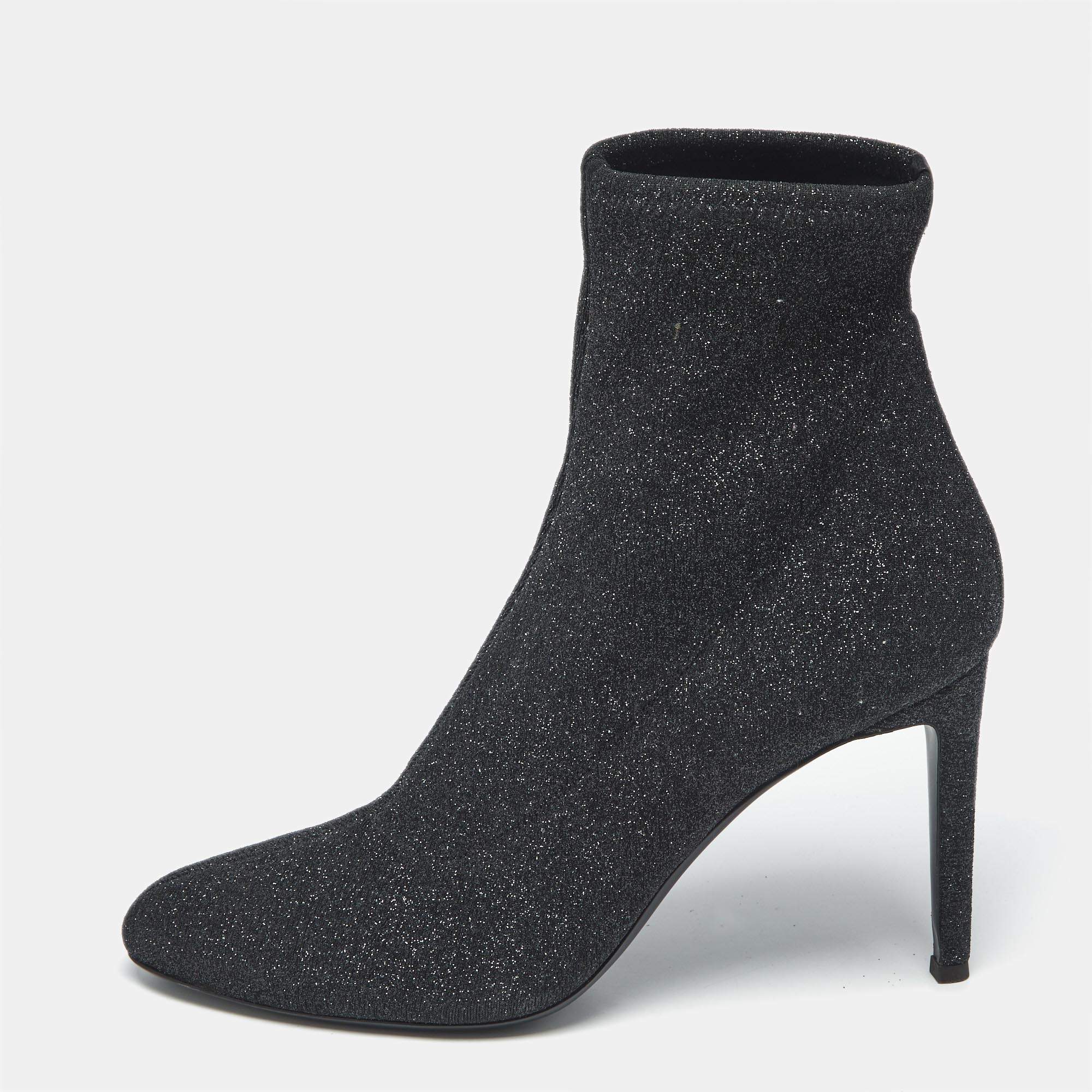 Pre Owned Giuseppe Zanotti Black Glitter Knit Fabric Ankle Boots Size 41