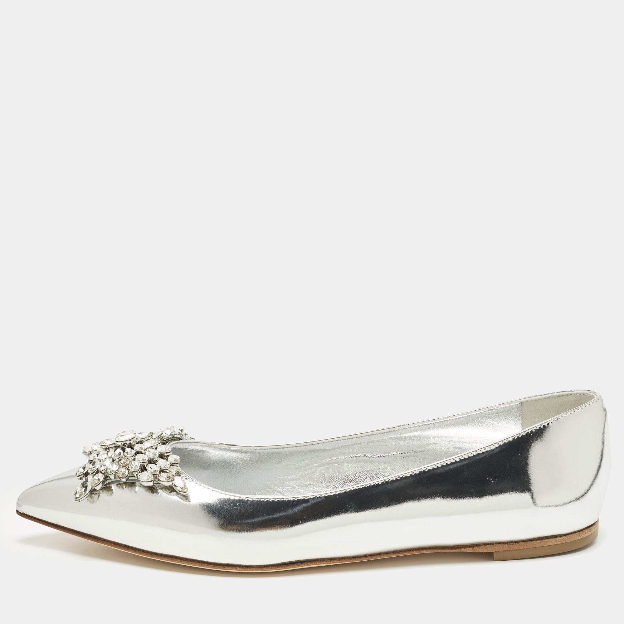 Pre Owned Giuseppe Zanotti Size 38 Silver Leather Crystal Embellished Ballet Flats