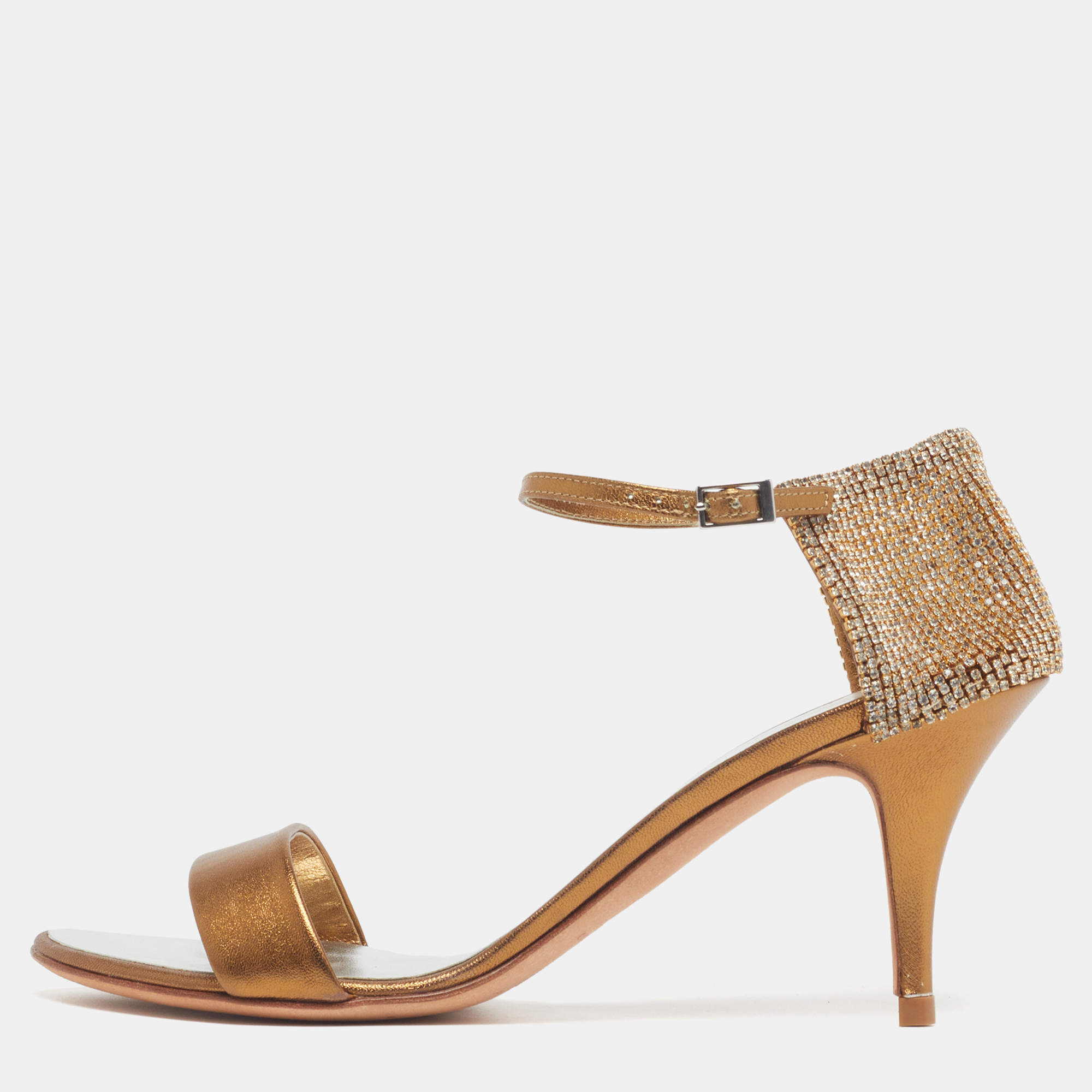 Pre Owned Giuseppe Zanotti Size 38.5 Gold Leather Crystal Embellished Ankle Strap Sandals