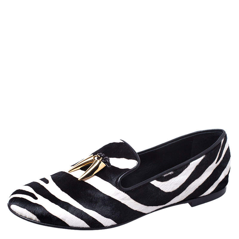 Pre Owned  Giuseppe Zanotti Zebra Print Calfhair Shark Tooth Smoking Slippers Size 40
