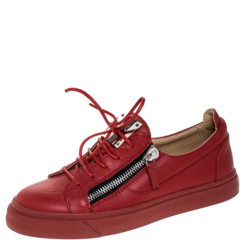 Pre Owned Giuseppe Zanotti Red Leather Double Zip Low Top Sneakers Size 38.5