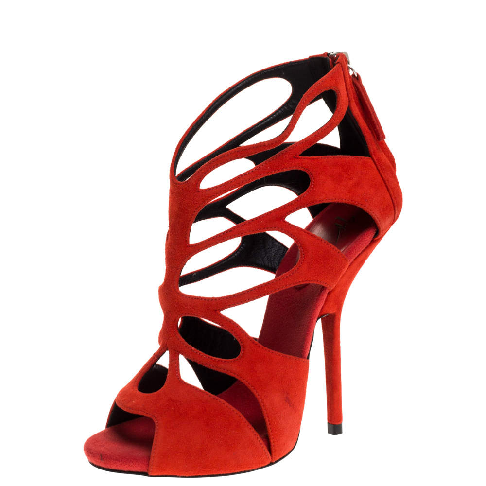 Giuseppe Zanotti Red Suede Cut out Peep Toe Booties Size 37