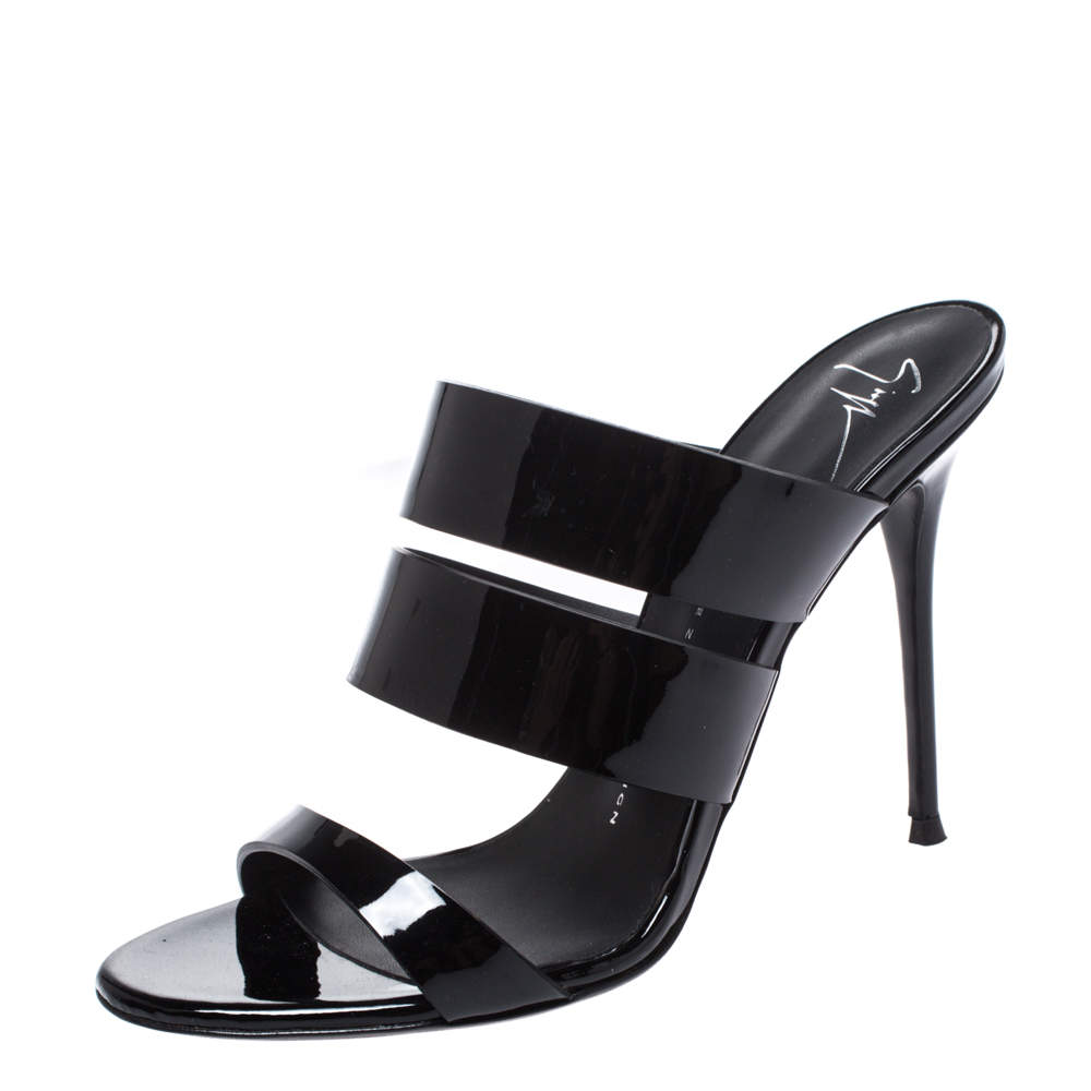 Giuseppe Zanotti Black Patent Leather Strappy Slide Sandals Size 39