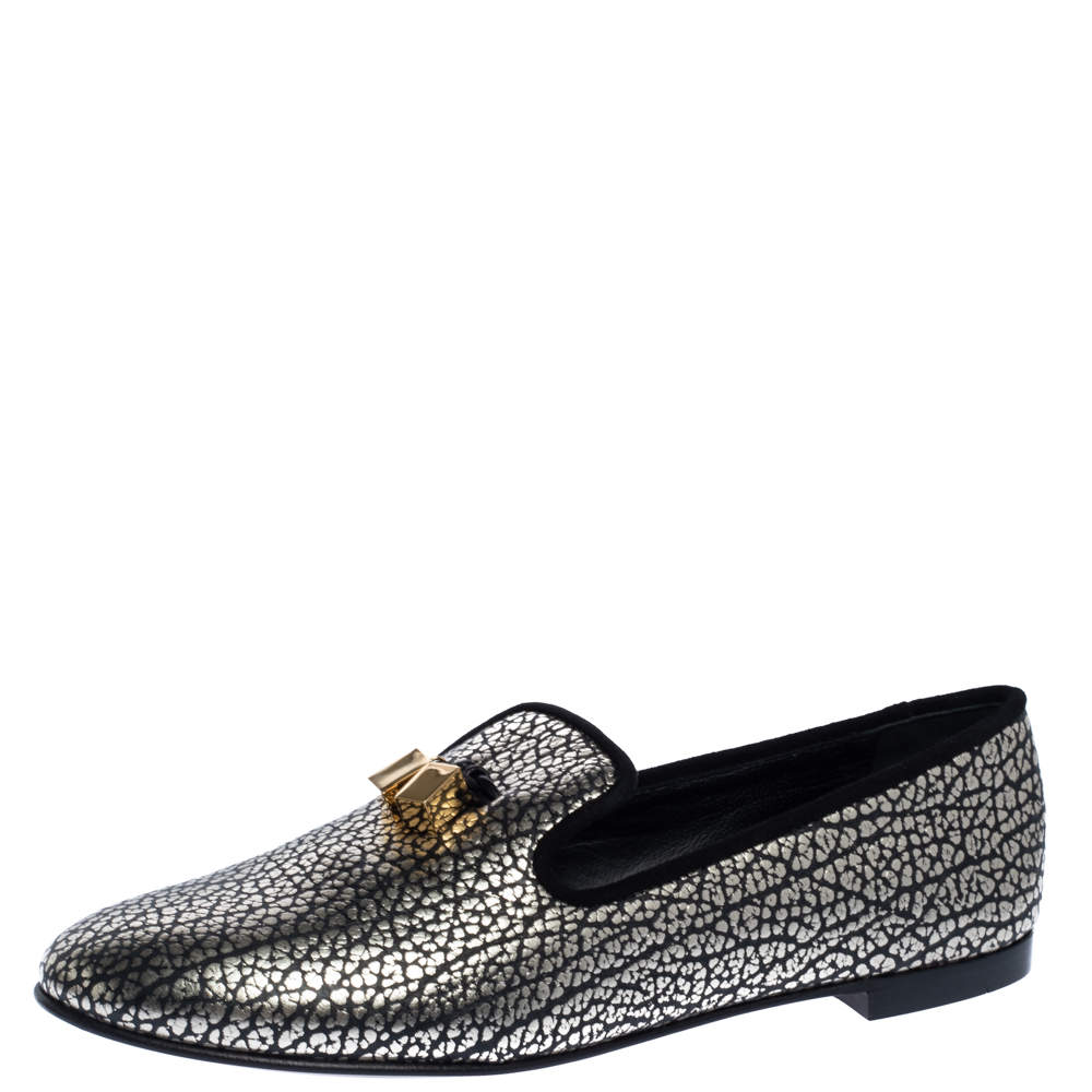 Pre Owned Giuseppe Zanotti Black/Silver Textured Leather Smoking Slippers Size 39