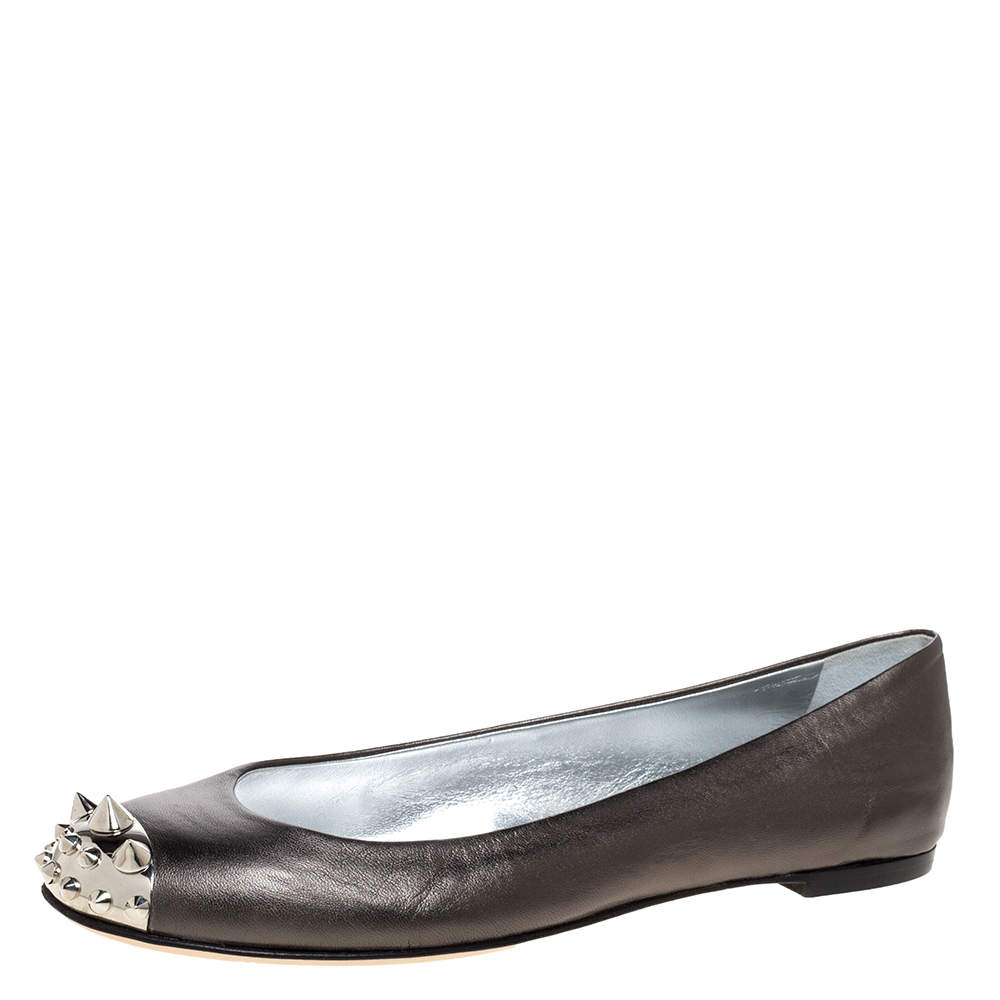 Pre Owned Giuseppe Zanotti Grey Leather Malika Spiked Cap Toe Ballet Flats Size 39.5