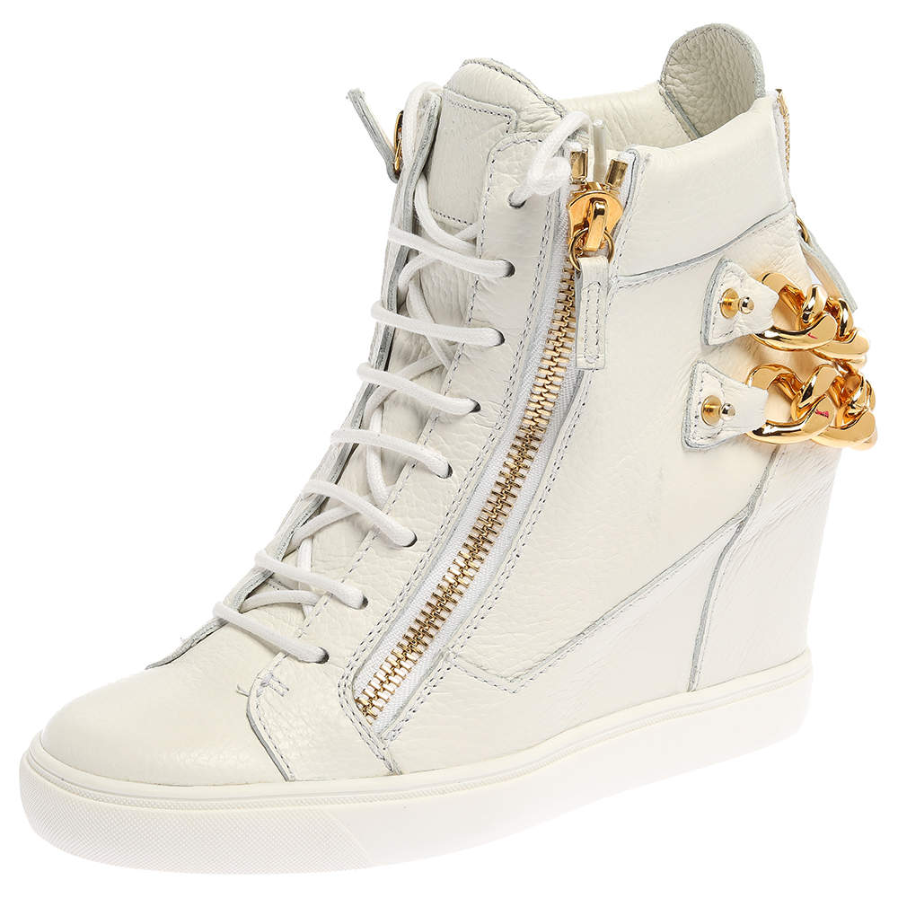 Giuseppe Zanotti White Leather Chain Detail High Top Wedge Sneakers Size 41
