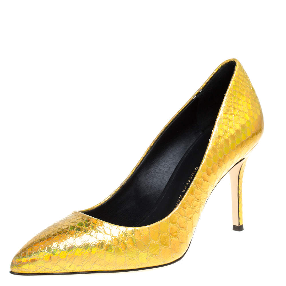 Giuseppe Zanotti Metallic Gold Python Embossed Leather Pointed Toe Pumps Size 36