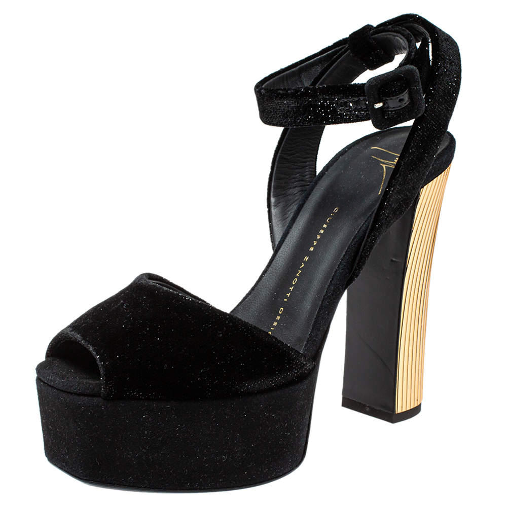 Pre Owned Giuseppe Zanotti Black Velvet Lavinia  Ankle Strap Platform Sandals Size 37