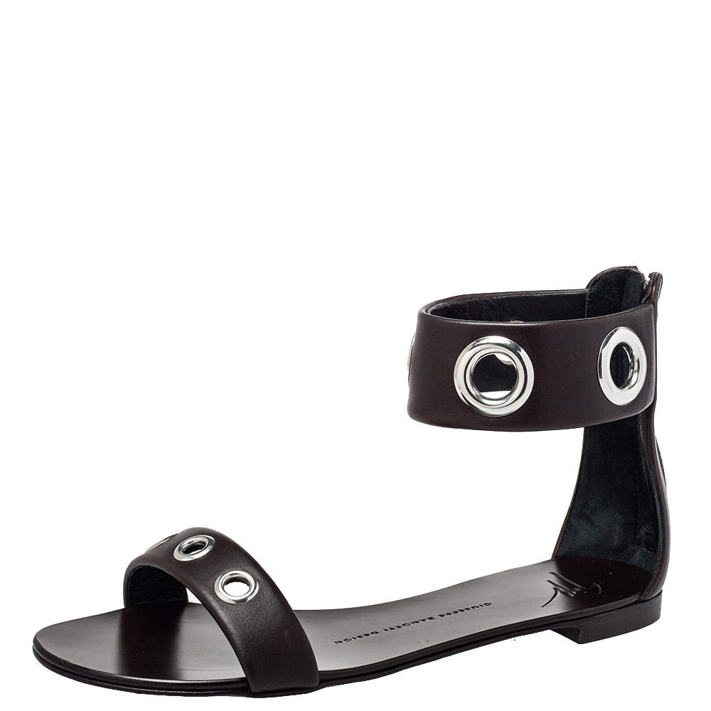 Giuseppe Zanotti Brown Leather Flat Ankle Cuff Sandals Size 38