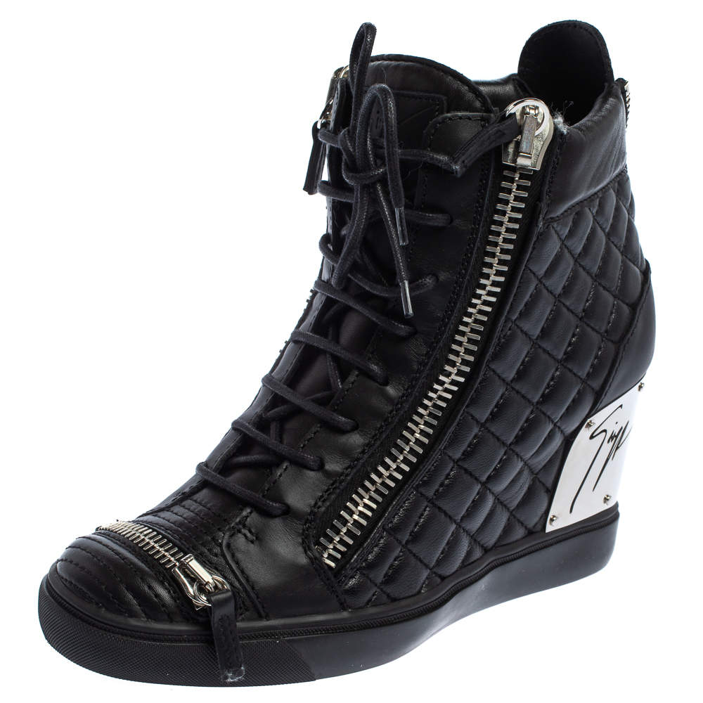 Pre Owned Giuseppe Zanotti Black Quilted Leather Lorenz Wedge Sneakers Size 41