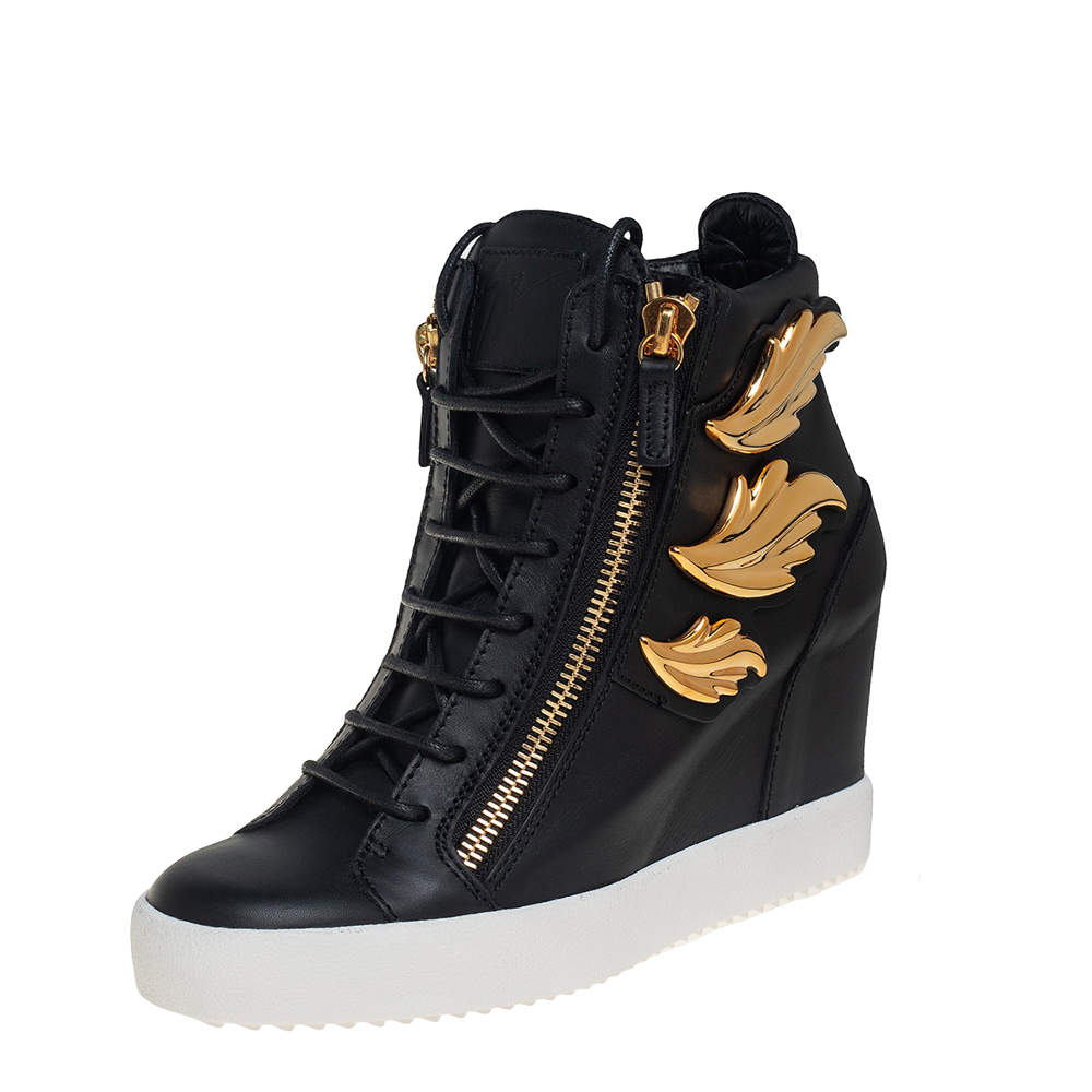 Giuseppe Zanotti Black Leather Wing Detail High Top Wedge Sneakers 41