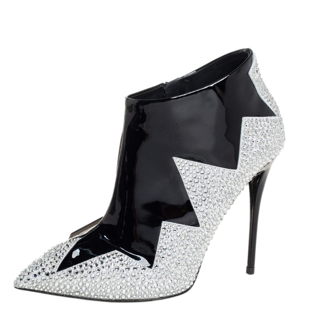 Pre Owned Giuseppe Zanotti Black Patent Leather And Suede Crystal Zig Zag Patterned Booties Size 36.5