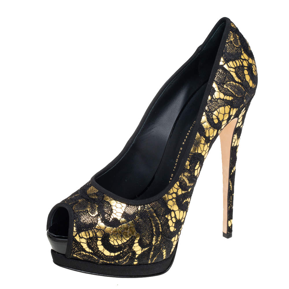 مملوكة مسبقًا Giuseppe Zanotti Black/Gold Leather and Lace Peep Toe Platform Pumps Size 41