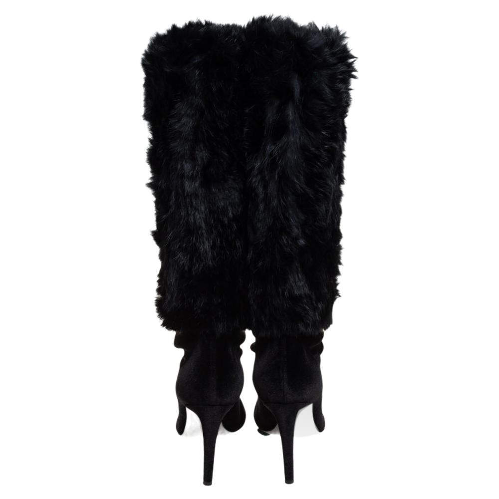 Giuseppe Zanotti Black Stretch Fabric and Fur Bimba Knee High Boots Size 40