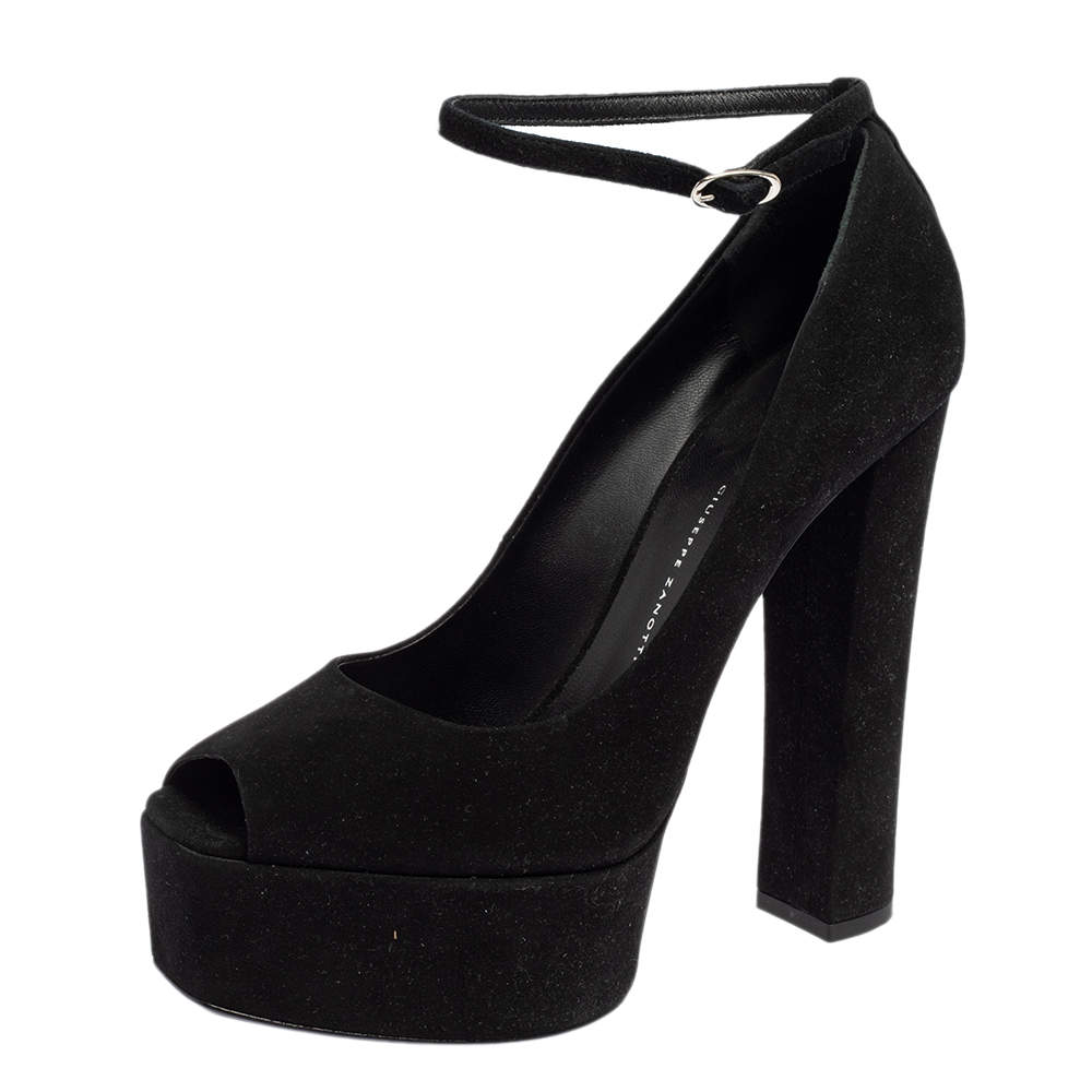 Pre Owned حذاء كعب عالي جوسيبي زانوتي سويدي أسود مقدمة مفتوحة نعل سميك حزام للكاحل مقاس 40