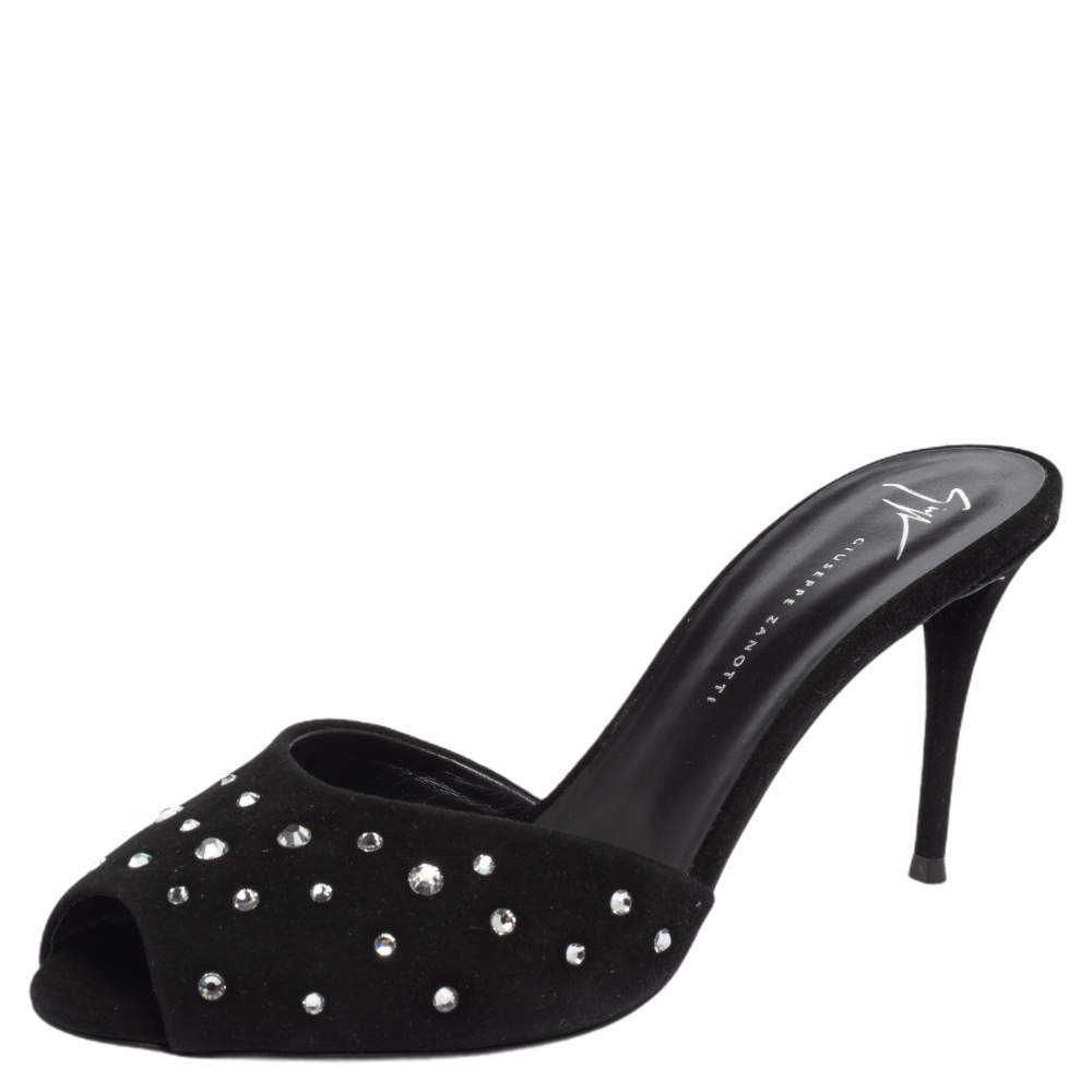 Giuseppe Zanotti Black Suede Crystal Embellished Slide Sandals Size 40