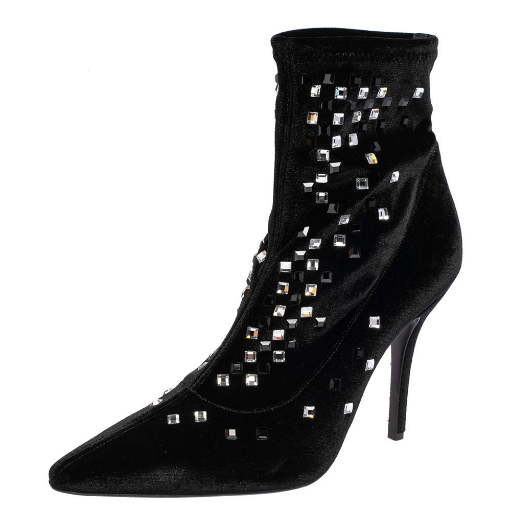 Giuseppe Zanotti Black Velvet Crystal Embellished Pointed Toe Ankle Boots Size 40