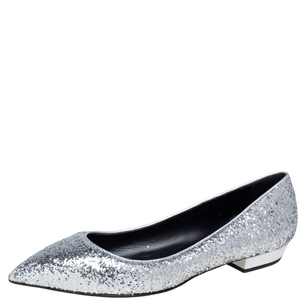 Pre Owned Giuseppe Zanotti Silver Glitter Pointed Toe Flats Size 41