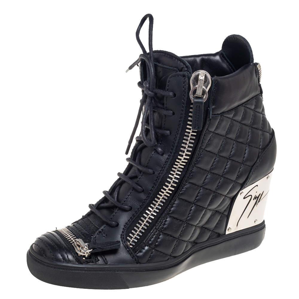Pre Owned Giuseppe Zanotti Black Quilted Leather Double Zip Wedge Sneakers Size 41