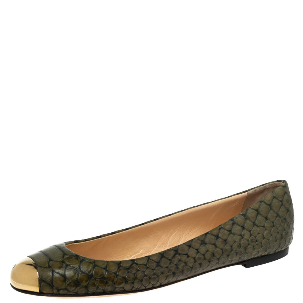Pre Owned Giuseppe Zanotti Green Python Embossed Leather Ballet Flats Size 41