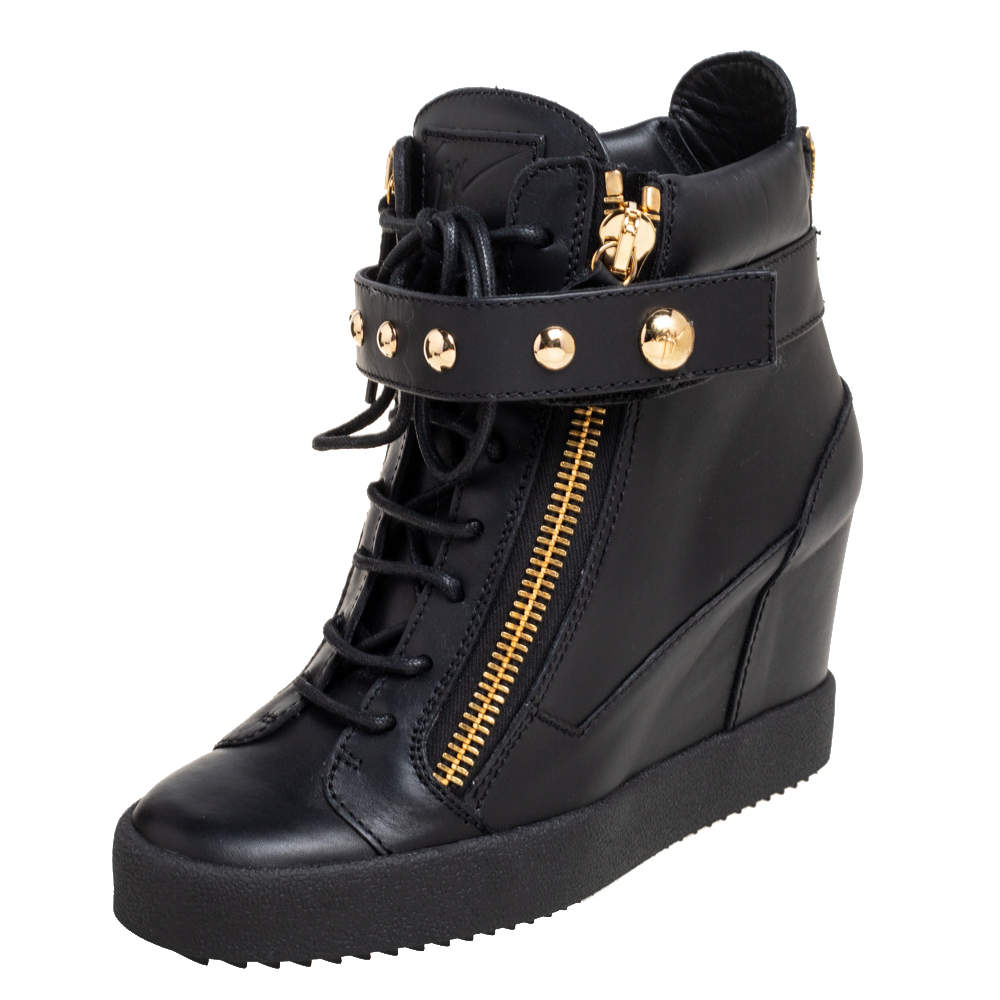 Pre Owned Giuseppe Zanotti Black Leather Lorenz Studded Wedge Sneakers Size 39