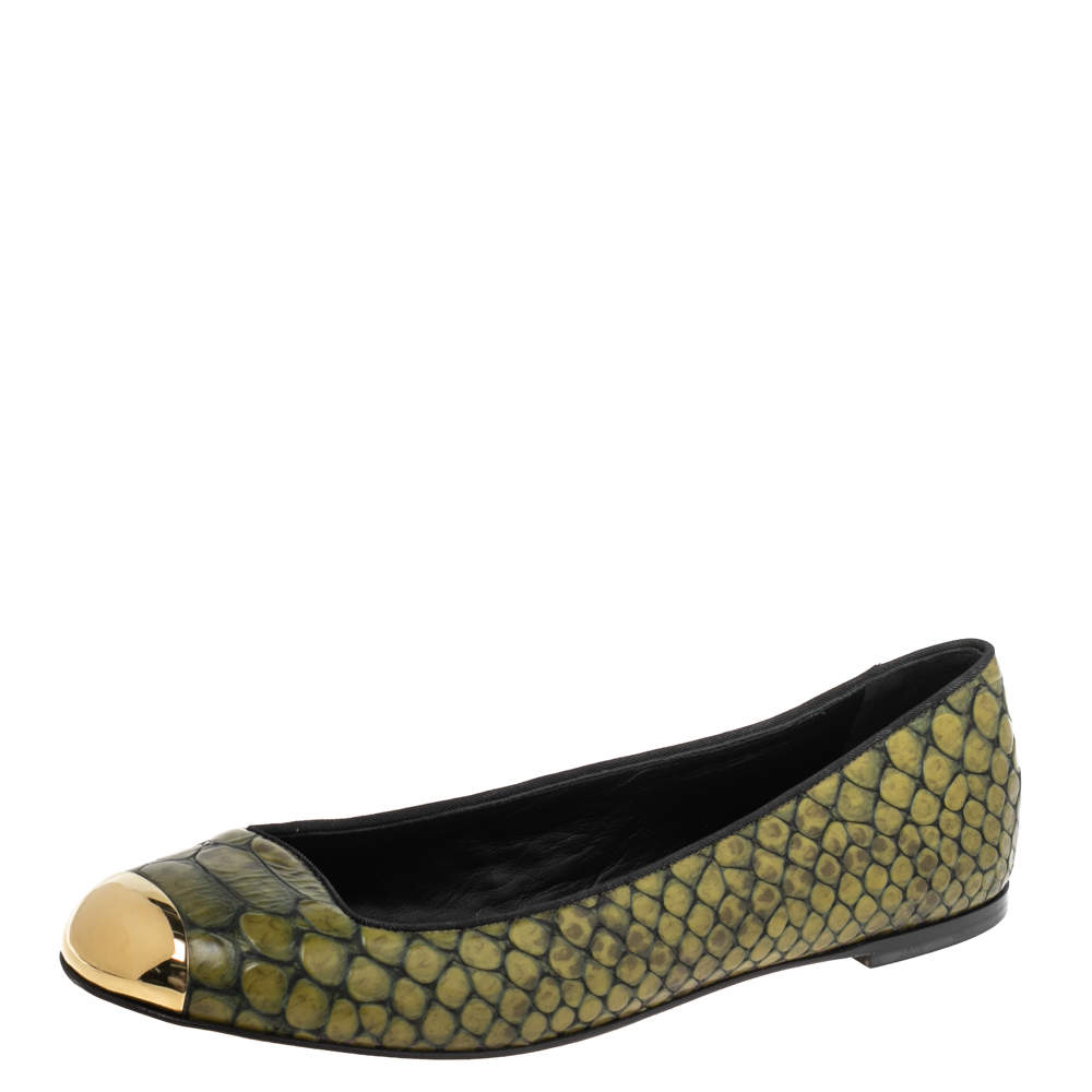 Pre Owned Giuseppe Zanotti Olive Green Python Embossed Leather Ballet Flats Size 41