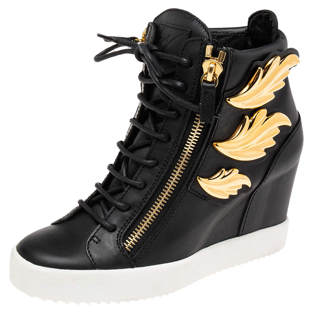 Pre Owned Giuseppe Zanotti Black Leather High Top Wedge Sneakers  Size 40