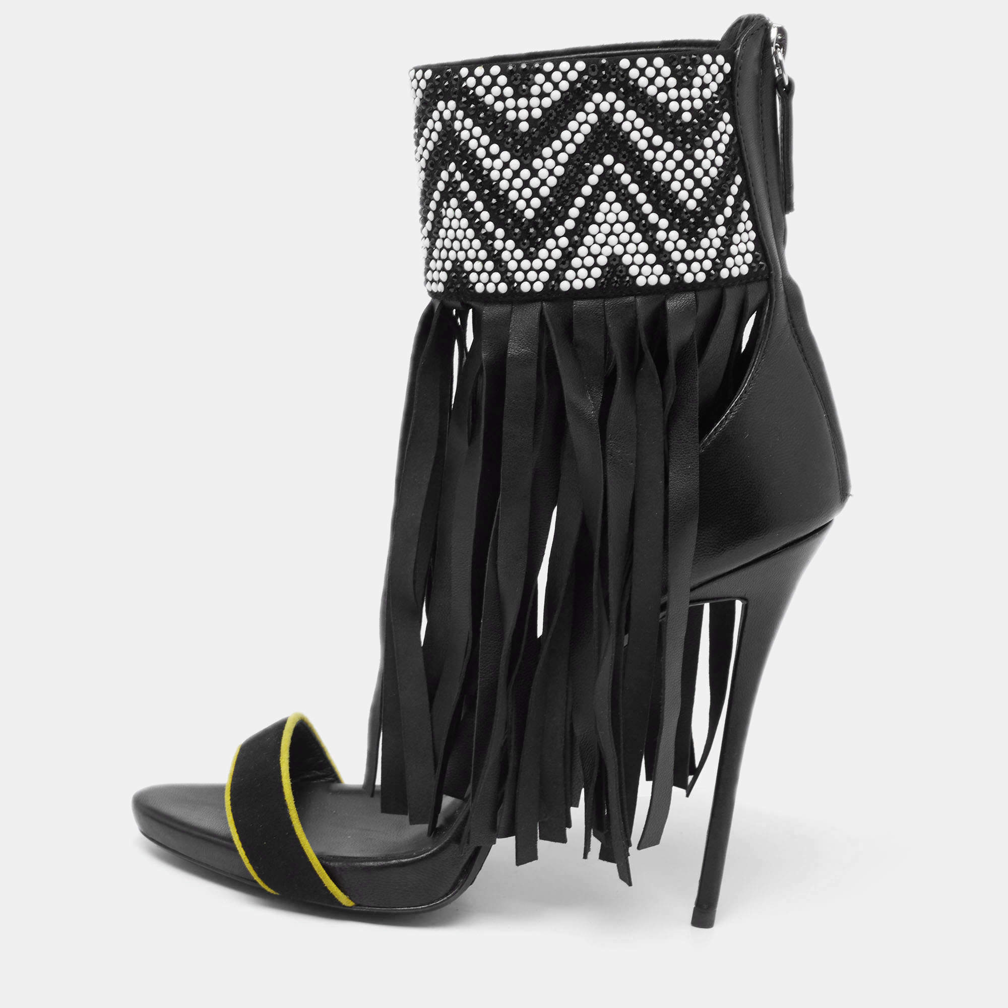 Pre Owned Giuseppe Zanotti Black Leather And Suede Crystal Embellished  Fringe Open Toe  Sandals Size 38