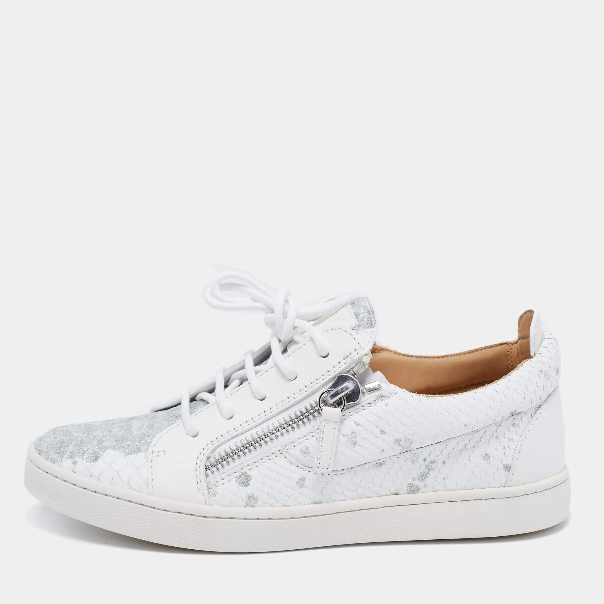 Pre Owned Giuseppe Zanotti White/Silver Python Embossed Leather Donna Low Top Sneakers Size 38