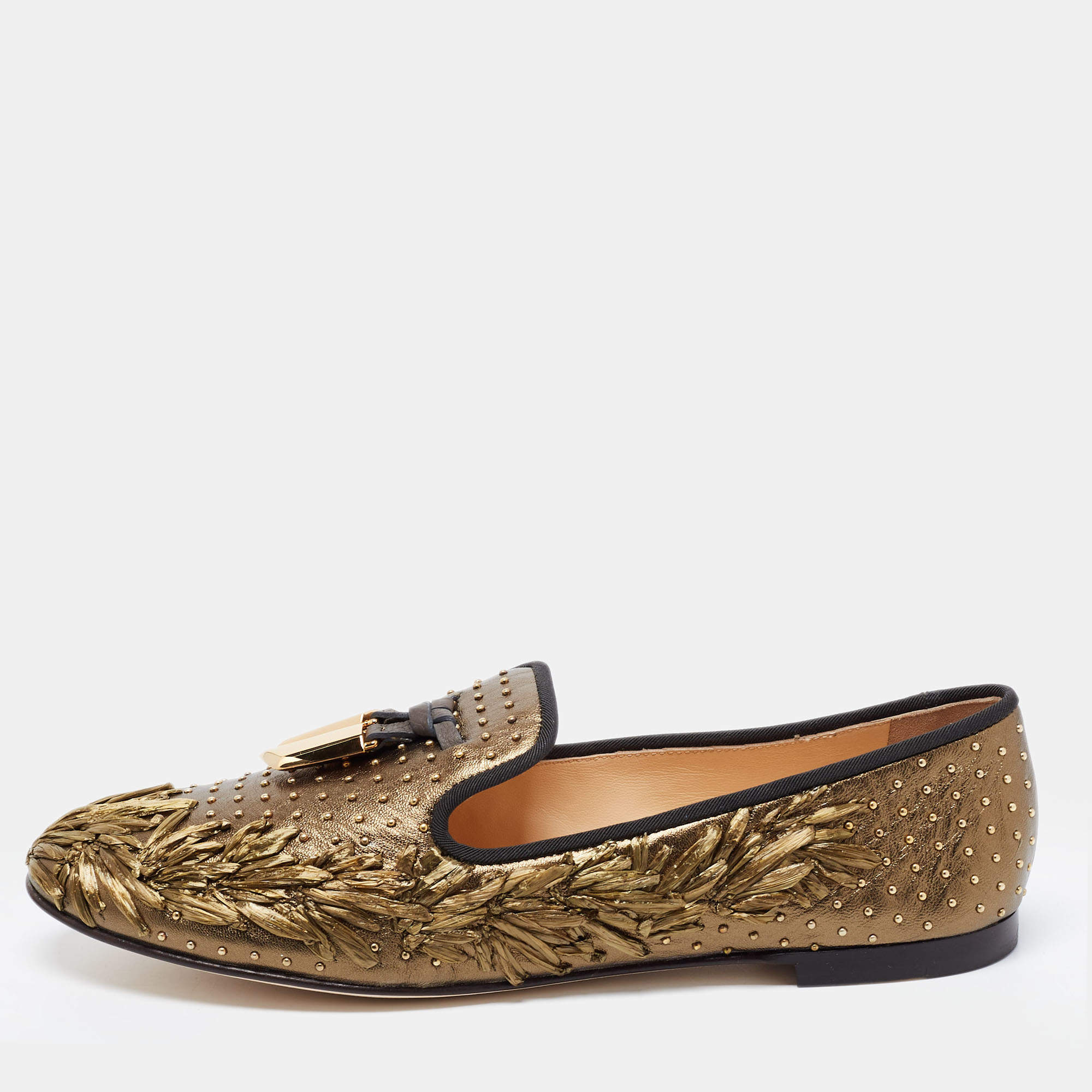 Pre Owned Giuseppe Zanotti Green/Black Leather Studded Smoking Slippers Size 41