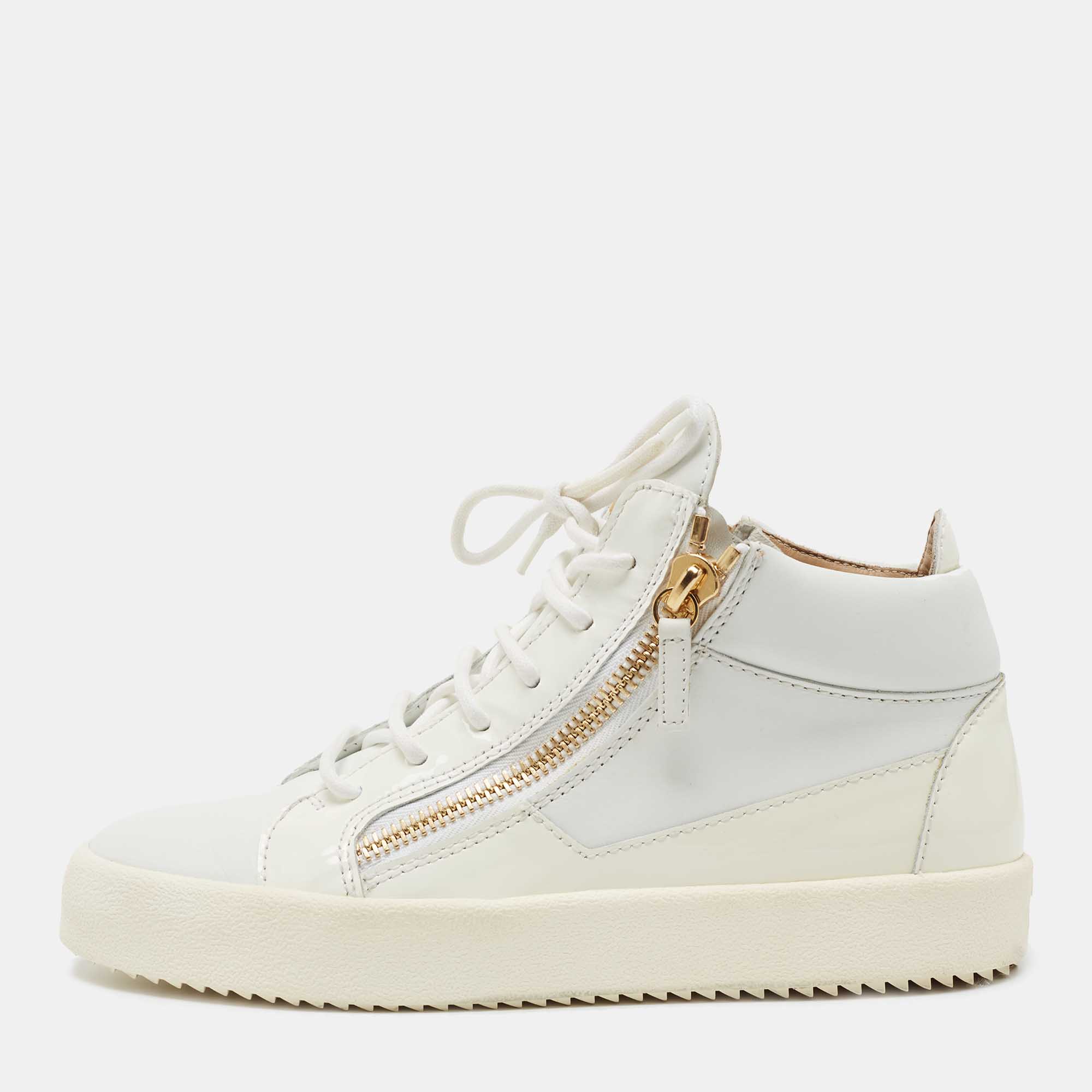 Pre Owned Giuseppe Zanotti White Leather and Patent High Top Sneakers Size 40.5