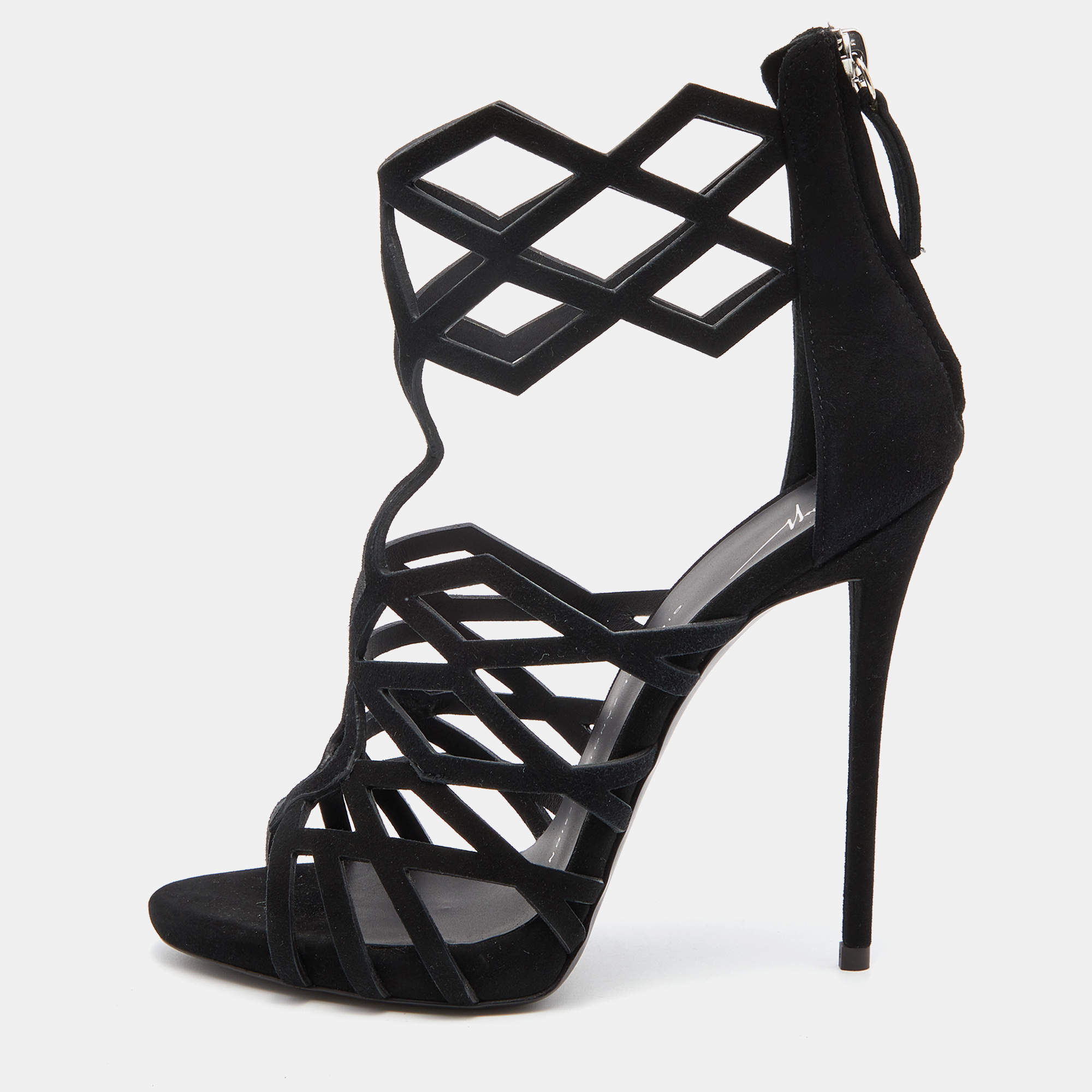 مملوكة مسبقًا Giuseppe Zanotti Black Suede Cutout Caged Ankle Strap Sandals Size 38