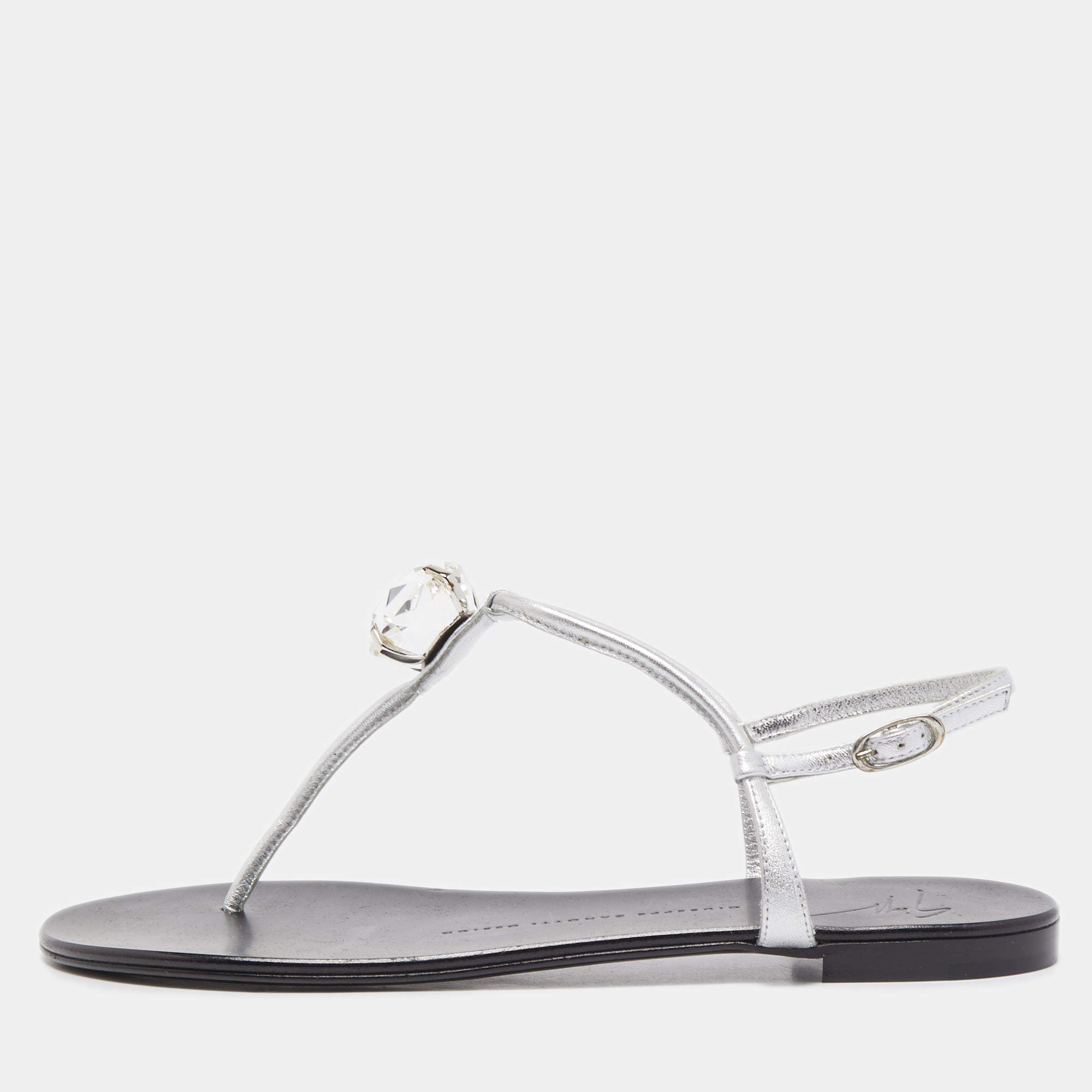 مملوكة مسبقًا Giuseppe Zanotti Black /Silver Leather Crystal Embellished Thong Flats Size 38.5