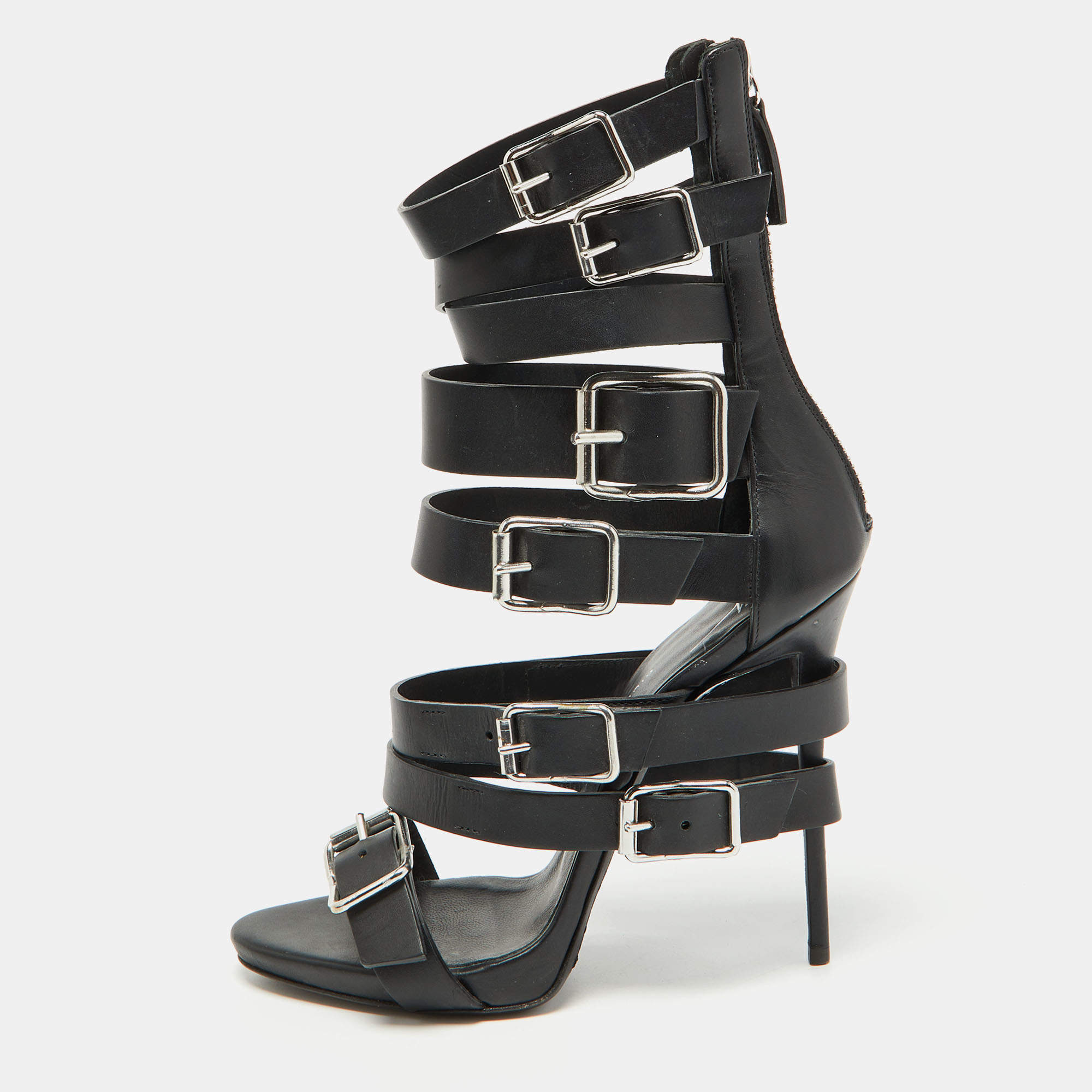 Pre Owned Giuseppe Zanotti Black Leather Gladiator Sandals Size 38.5