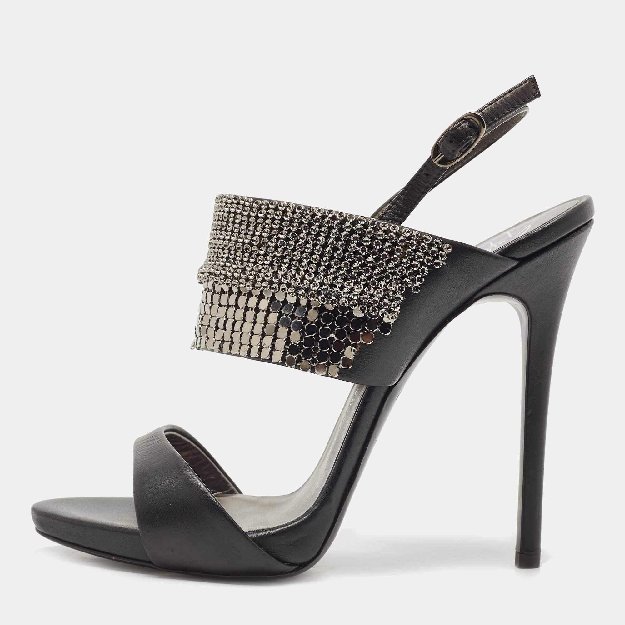 Pre Owned صندل جوسيبي زانوتي كولين جلد أسود مزخرف بحزام للكاحل مقاس 37.5