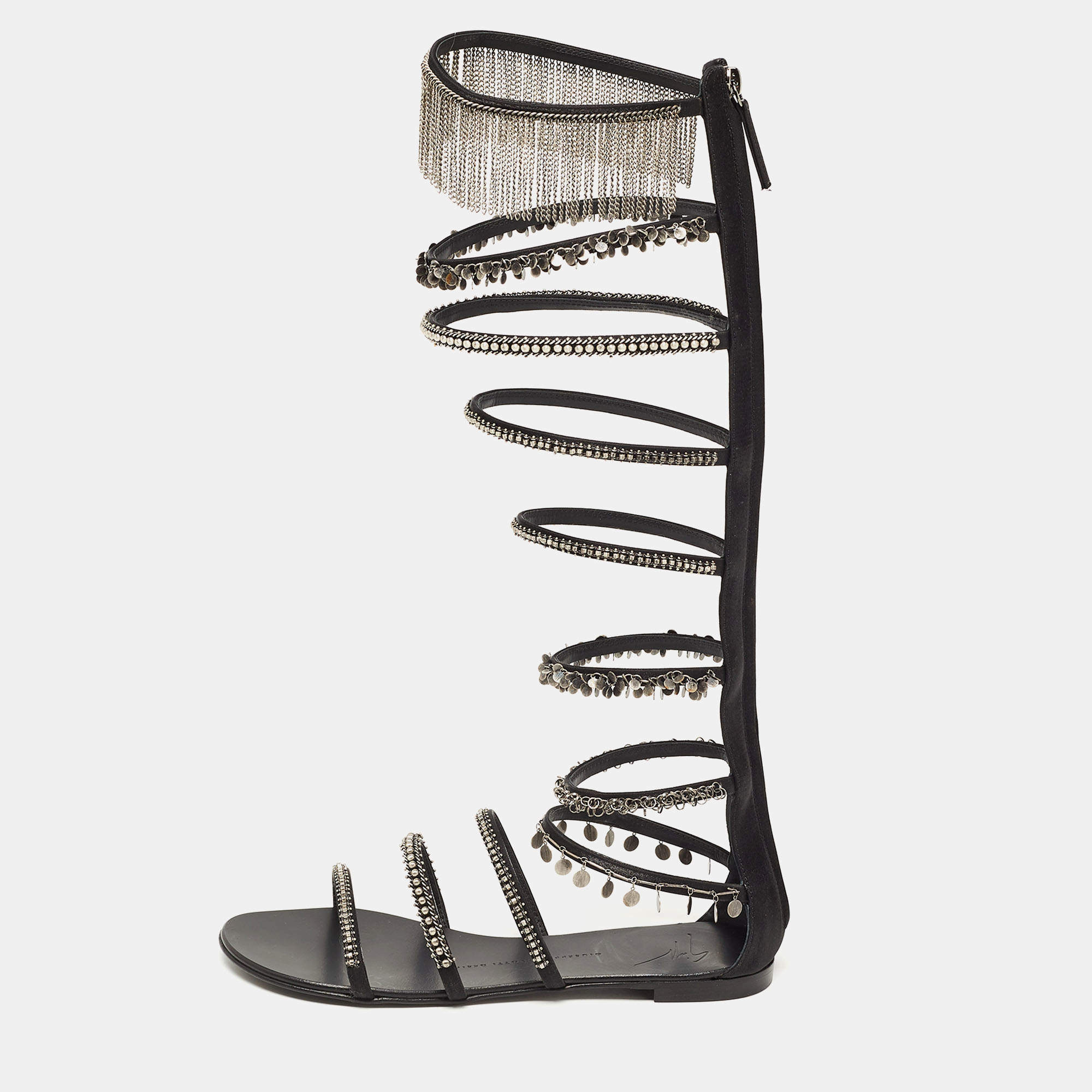 Pre Owned Giuseppe Zanotti Black Satin Embellished Gladiator Sandals Size 38