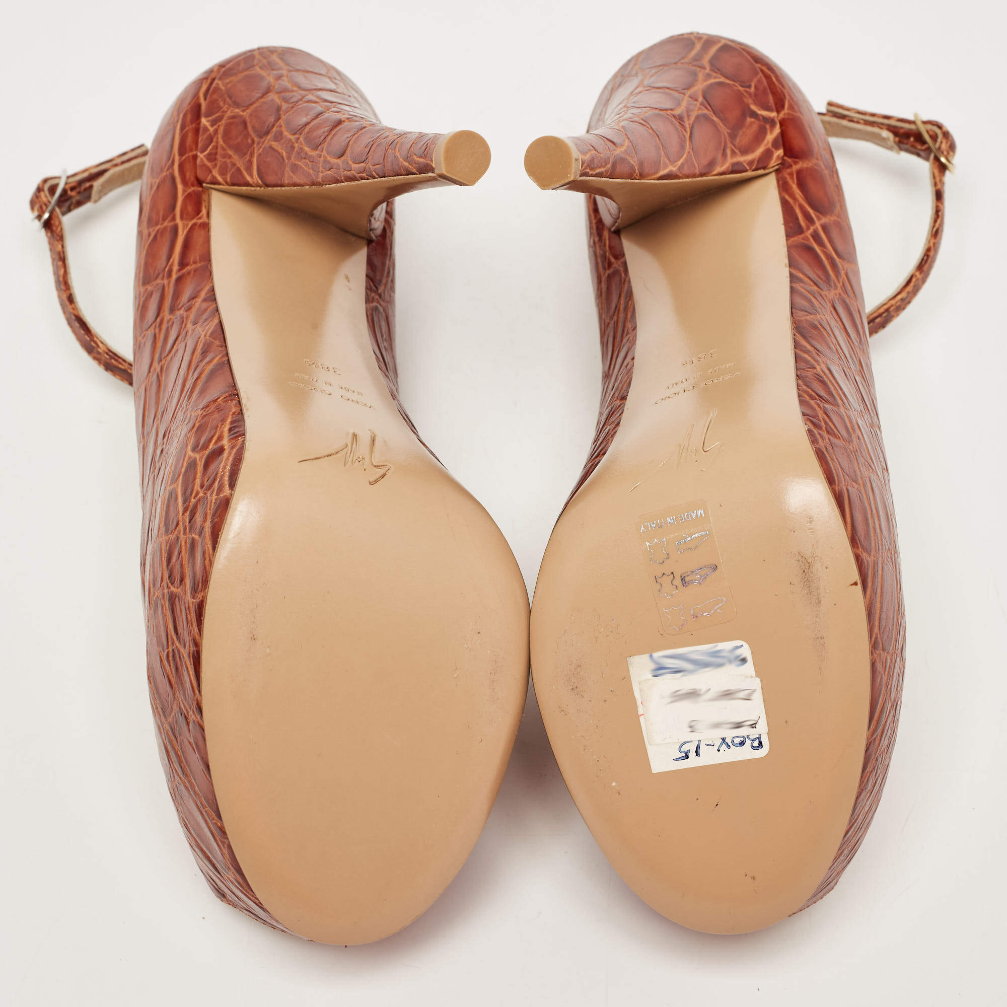 Pre Owned Giuseppe Zanotti Brown Croc Embossed Leather Peep Toe Platform Pumps Size 38.5