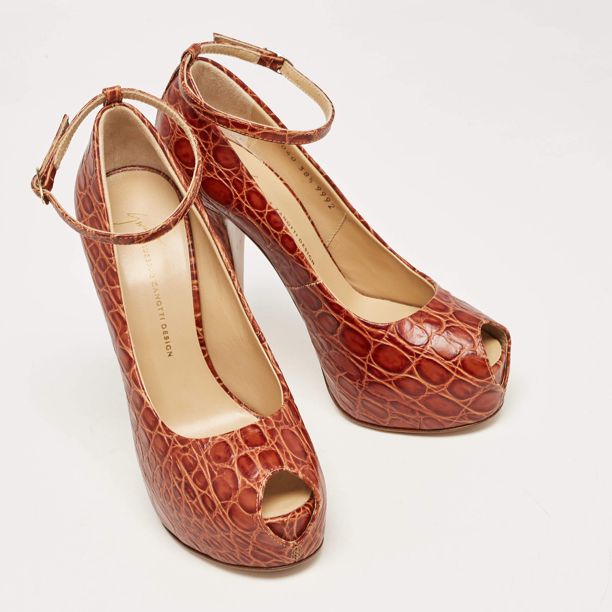 Pre Owned Giuseppe Zanotti Brown Croc Embossed Leather Peep Toe Platform Pumps Size 38.5