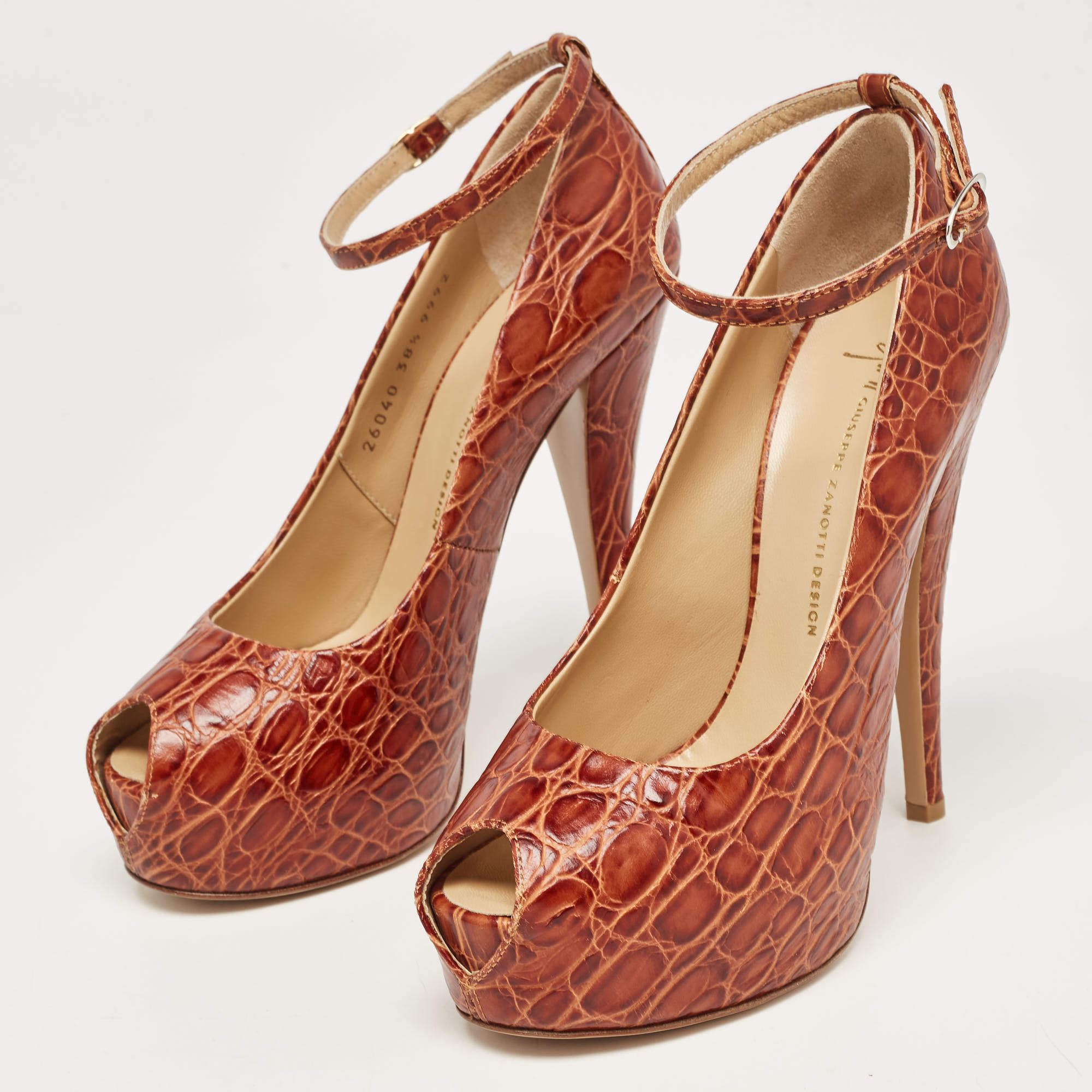 Pre Owned Giuseppe Zanotti Brown Croc Embossed Leather Peep Toe Platform Pumps Size 38.5